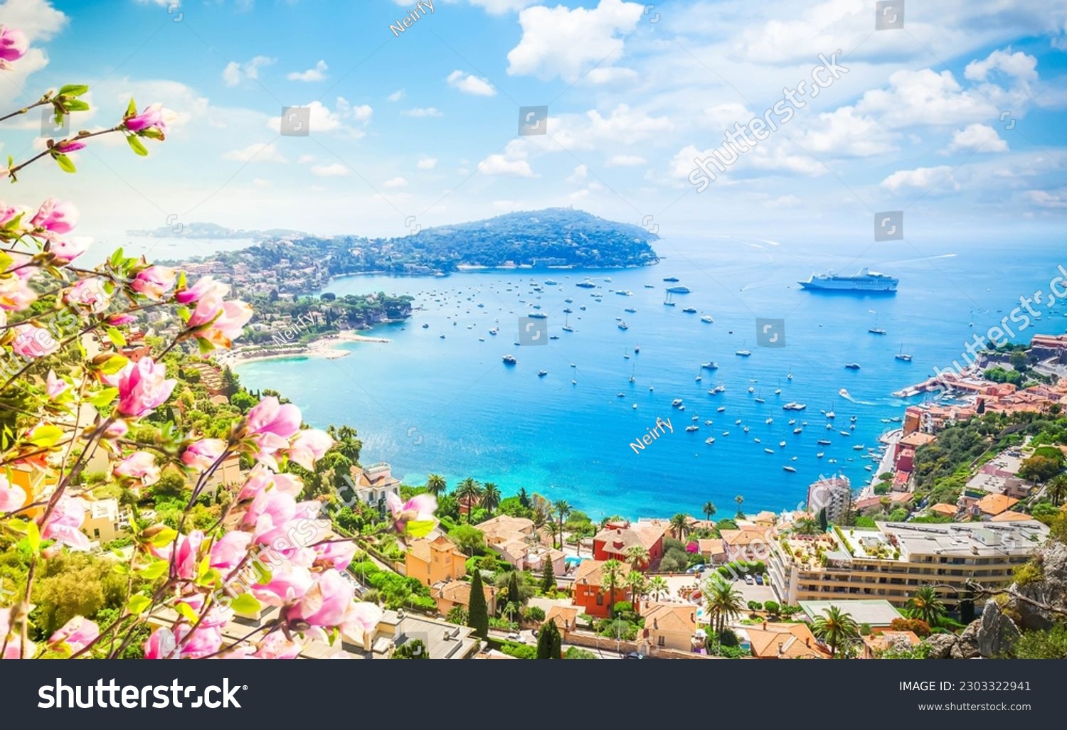 lanscape of riviera coast, turquiose water and blue sky of cote dAzur at spring day, France #2303322941