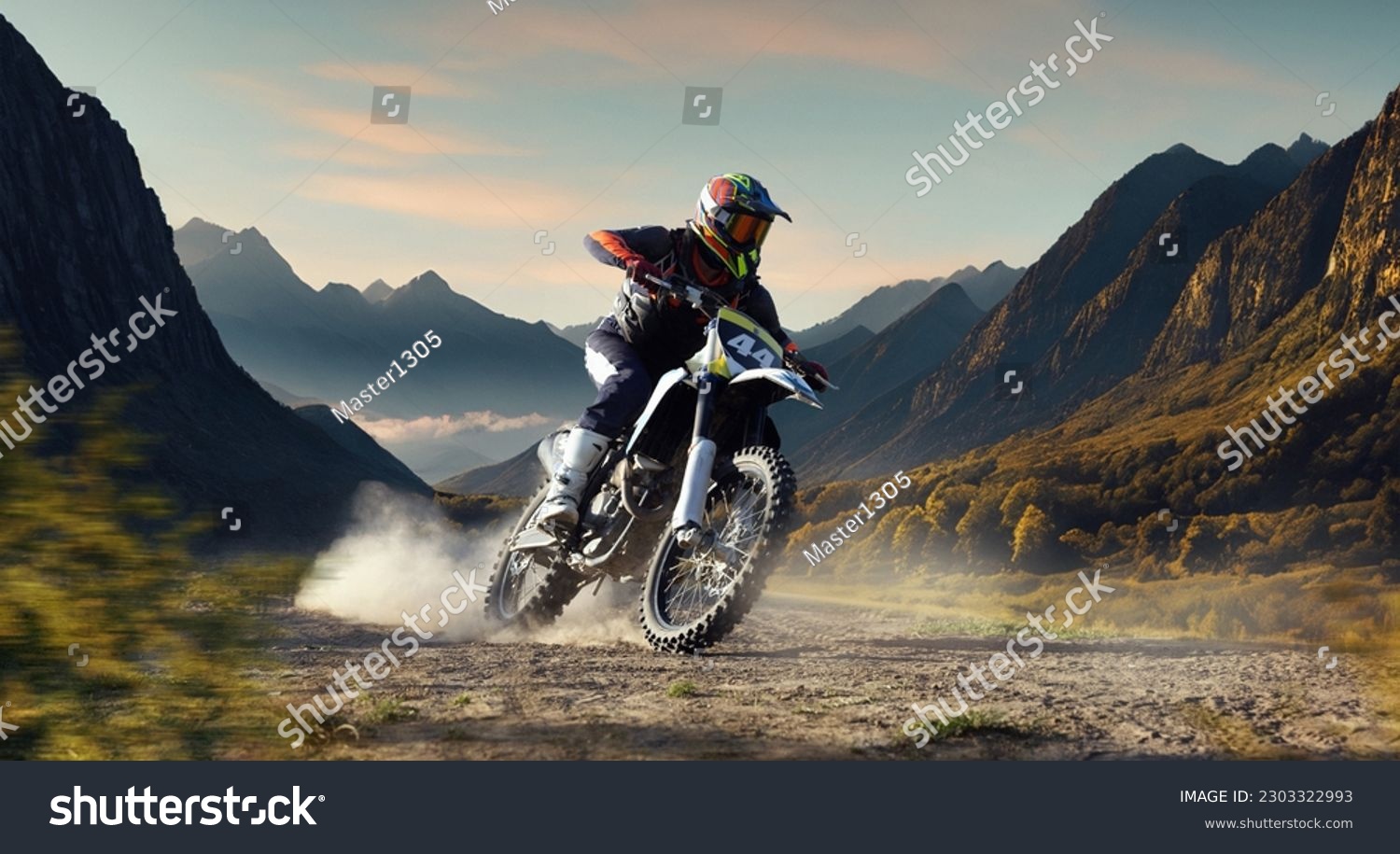 Man, professional motorcyclist in full moto equipment riding crops enduro bike on mountain road at sunset. 3D render background. Concept of motosport, speed, hobby, journey, activity #2303322993