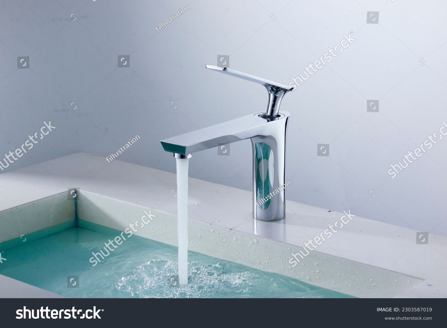 Modern Domestic Bathroom with Faucets. A domestic bathroom featuring a sink, faucet, and bathtub surrounded by household equipment. Water Tap. #2303587019