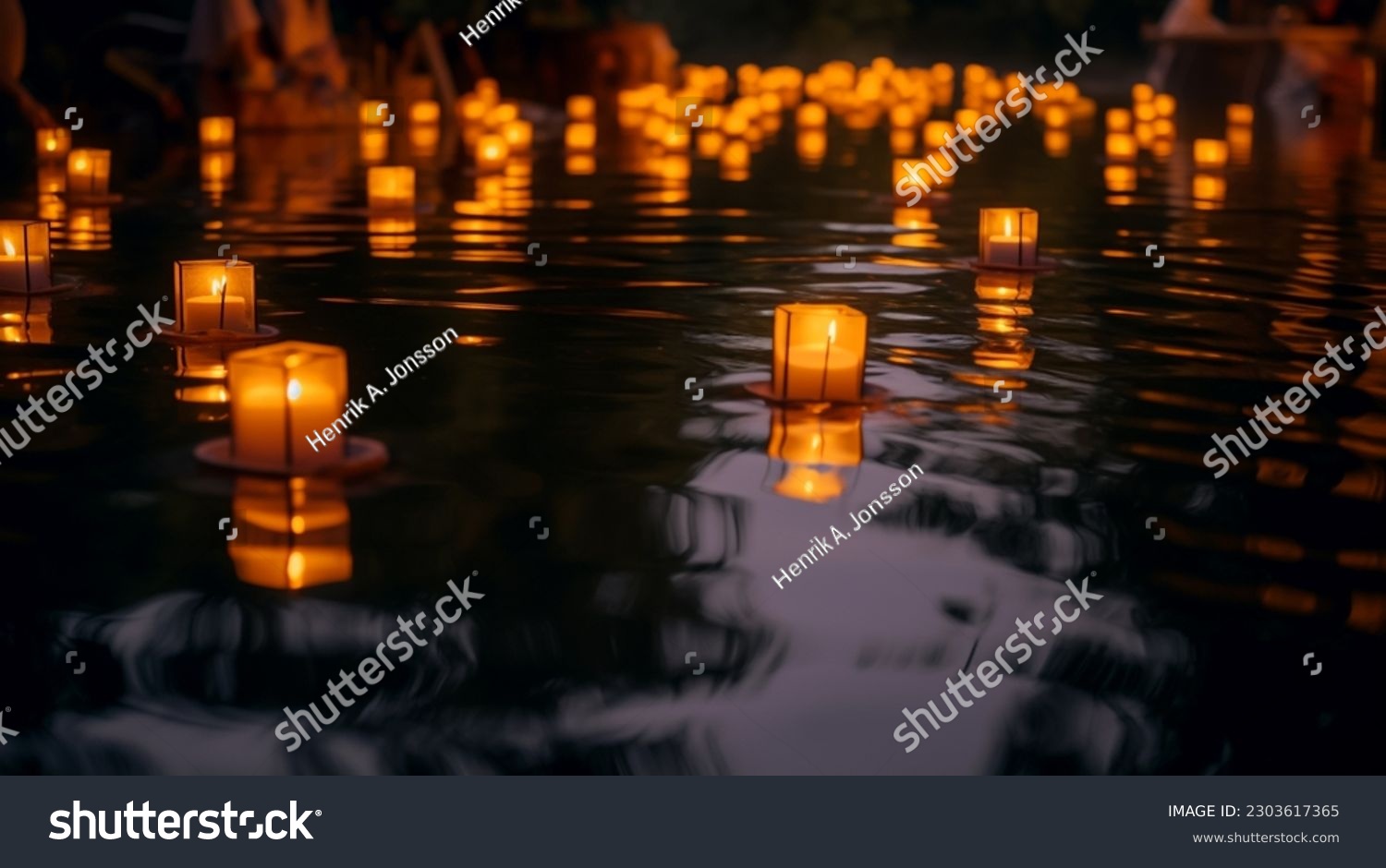 Water lanterns create a magical scene on a lake at night, evoking peace and spirituality. Shallow depth of field.  #2303617365