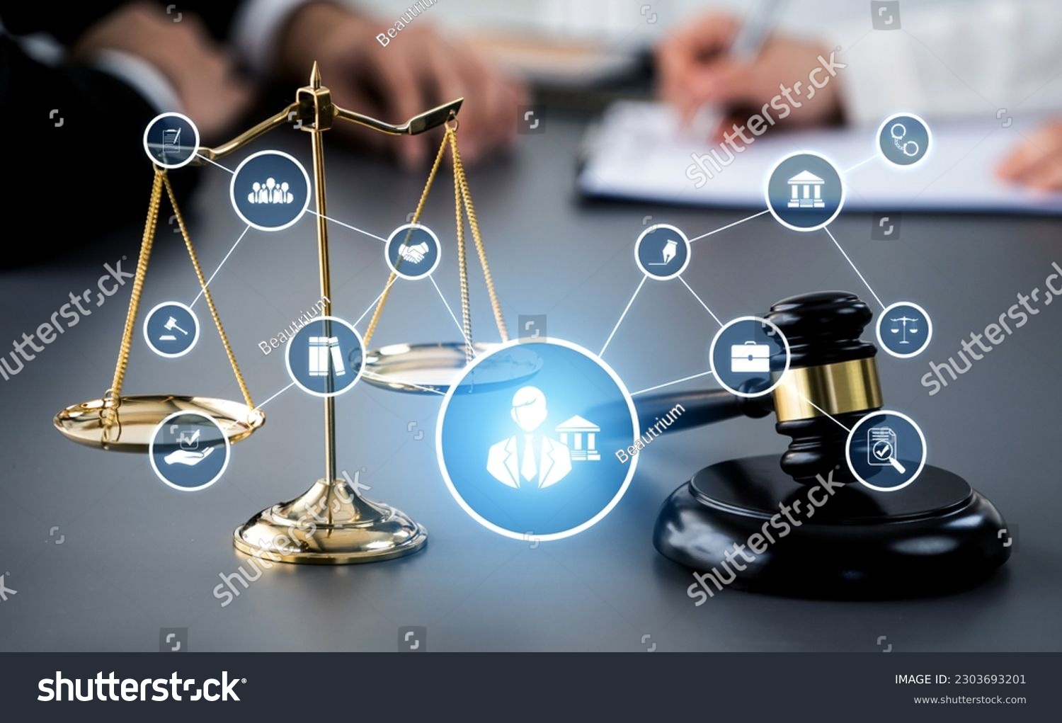 Smart law, legal advice icons and lawyer working tools in the lawyers office showing concept of digital law and online technology of astute law and regulations . #2303693201