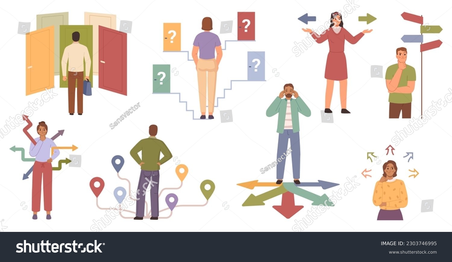 Choosing from multiple directions, solutions people and path choice concept flat cartoon vector illustration. Characters making choices, decisions, life path. Different options, opportunities #2303746995