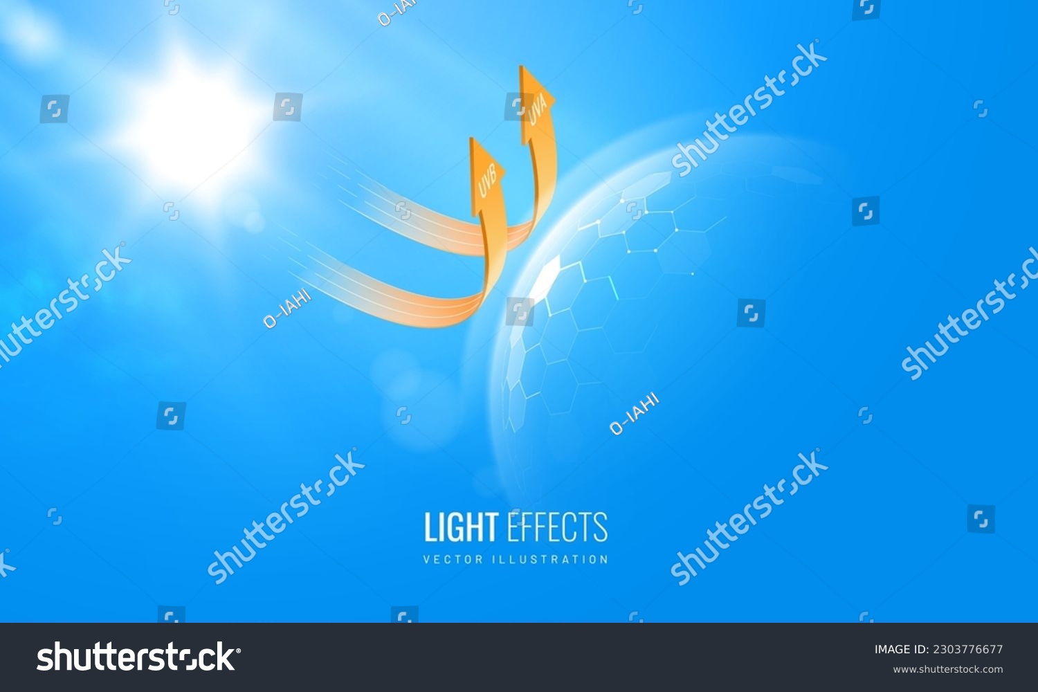 Protected shield from the sun's rays - background for product. Force field prevents the penetration of sunlight. Degrees of protection against UV rays. Vector illustration #2303776677
