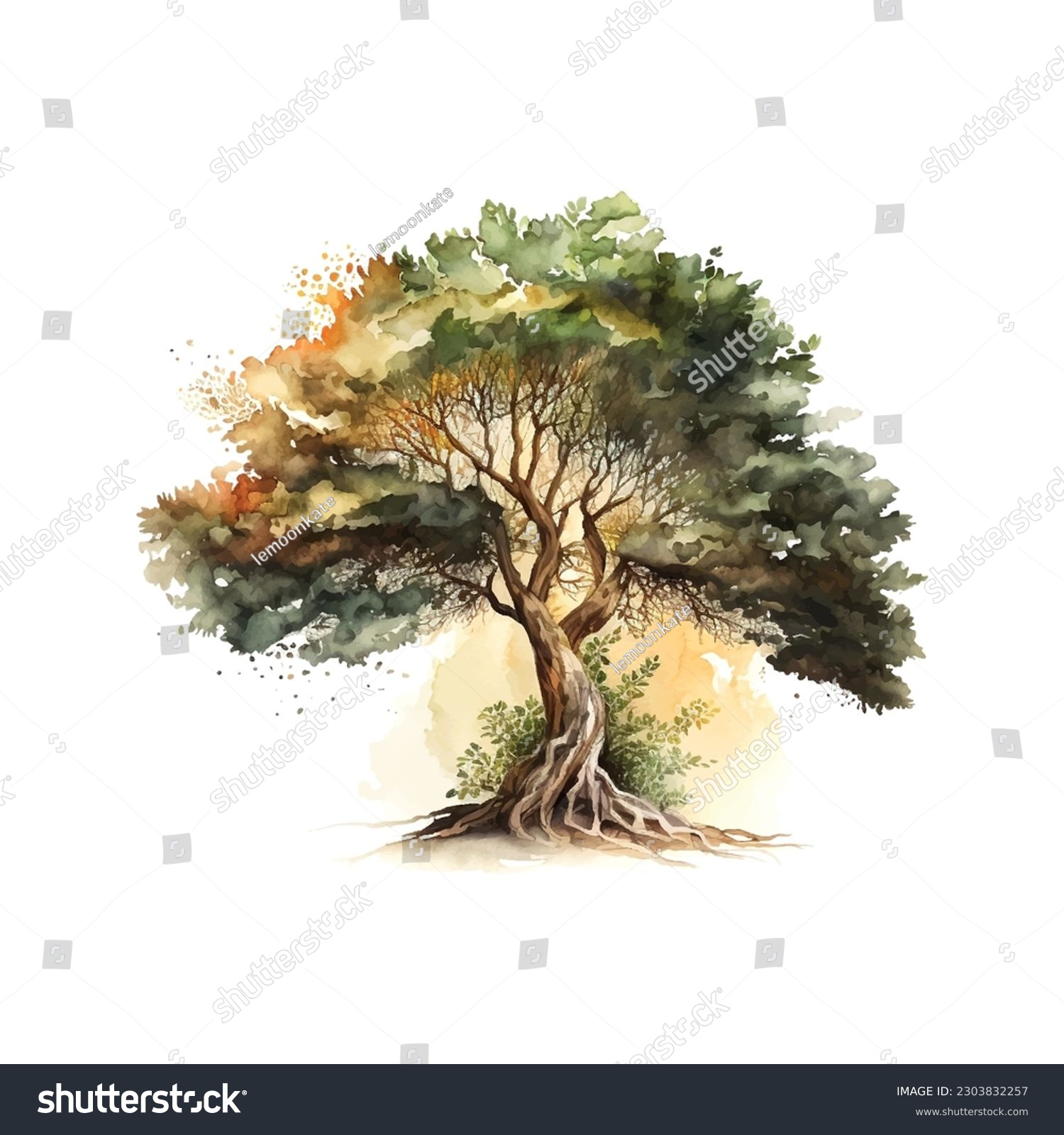 Bodhi Sacred Fig tree Watercolor Vector Illustration. #2303832257