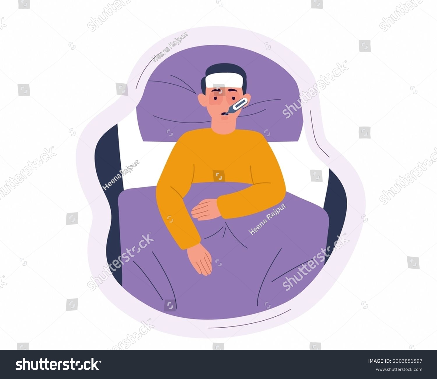 Young sick man lies in bed with thermometer in - Royalty Free Stock ...