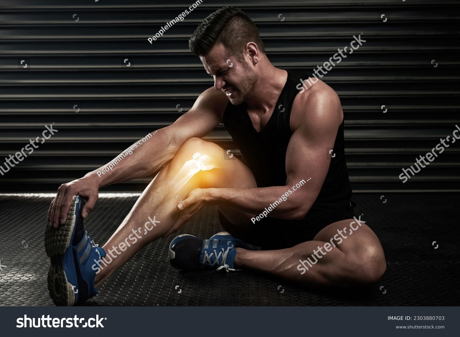 Fitness, knee pain and injury with man in gym for inflammation, muscle and x ray. Medical, workout and accident with male bodybuilder and hurt leg for exercise, emergency and sports problem #2303880703