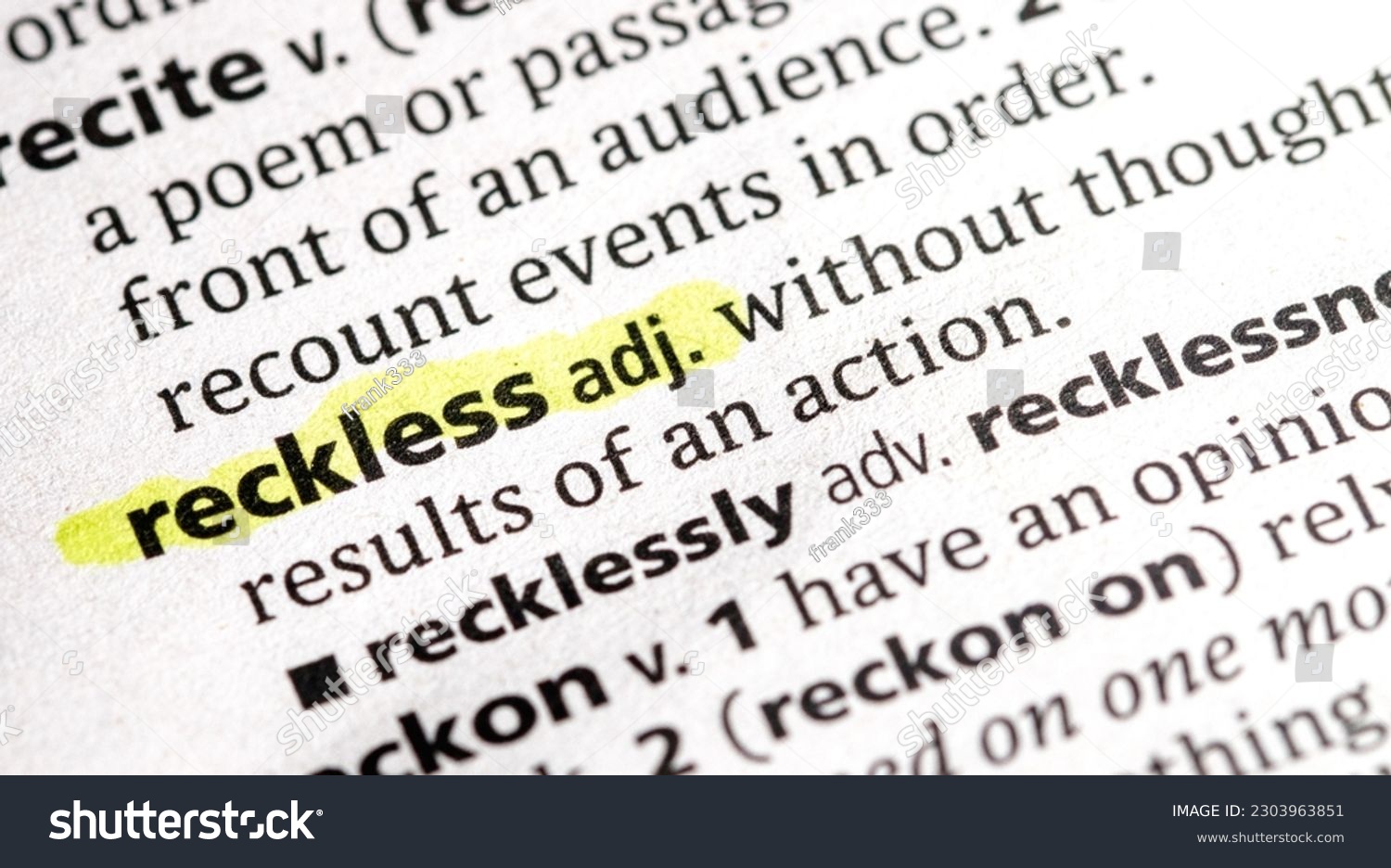 Close up photo of the word reckless #2303963851