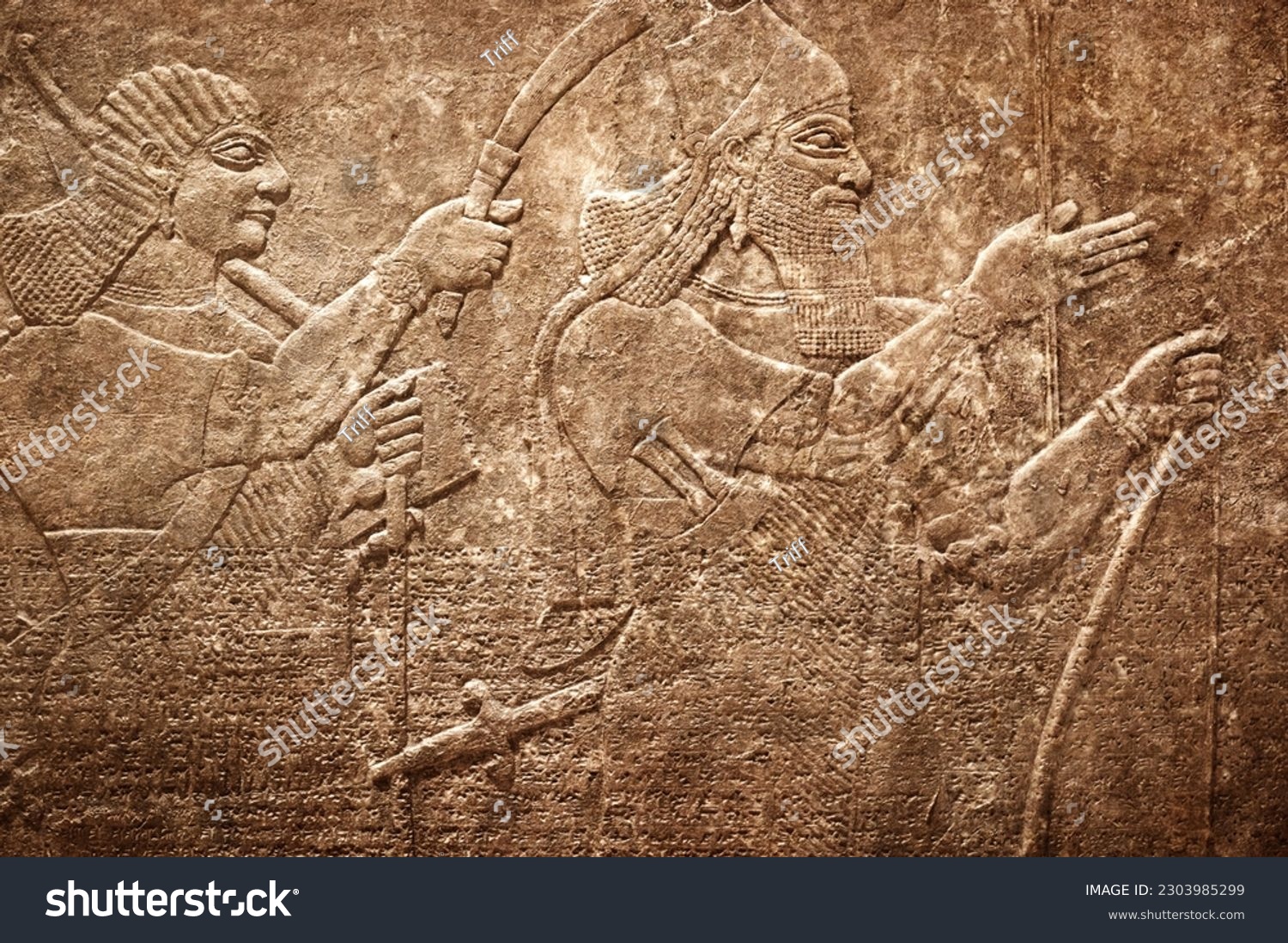 Sumerian wall relief, ancient cuneiform Sumerian text. Historical background on the theme of civilizations of Assyria, Mesopotamia, Babylon, interfluve, Sumerian. Overlay effect on old paper texture. #2303985299