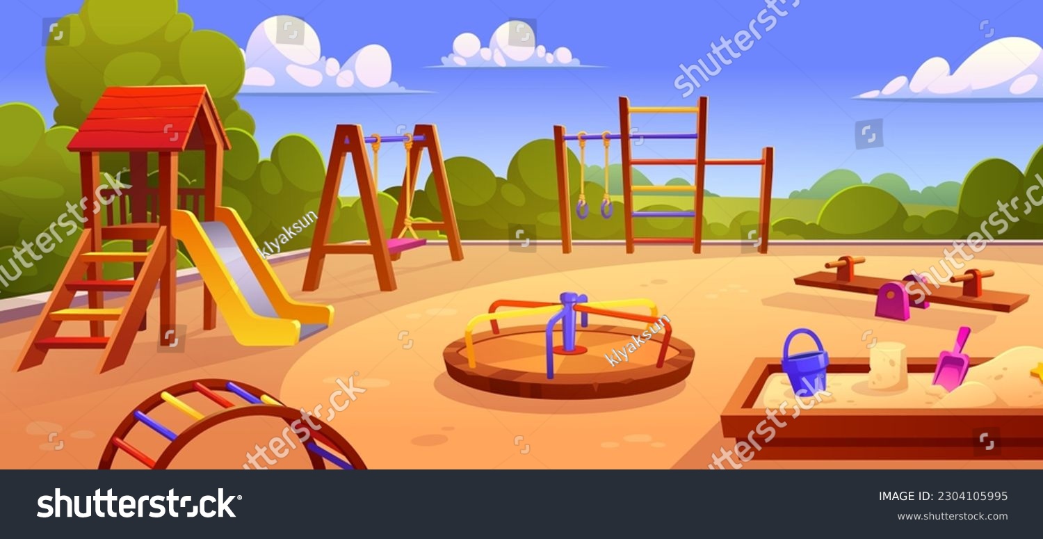 Cartoon public playground in city park. Vector illustration of kindergarden or school yard with wooden swing, carousel, slide, sandbox, colorful ladder for childrens outdoor fun and recreation #2304105995