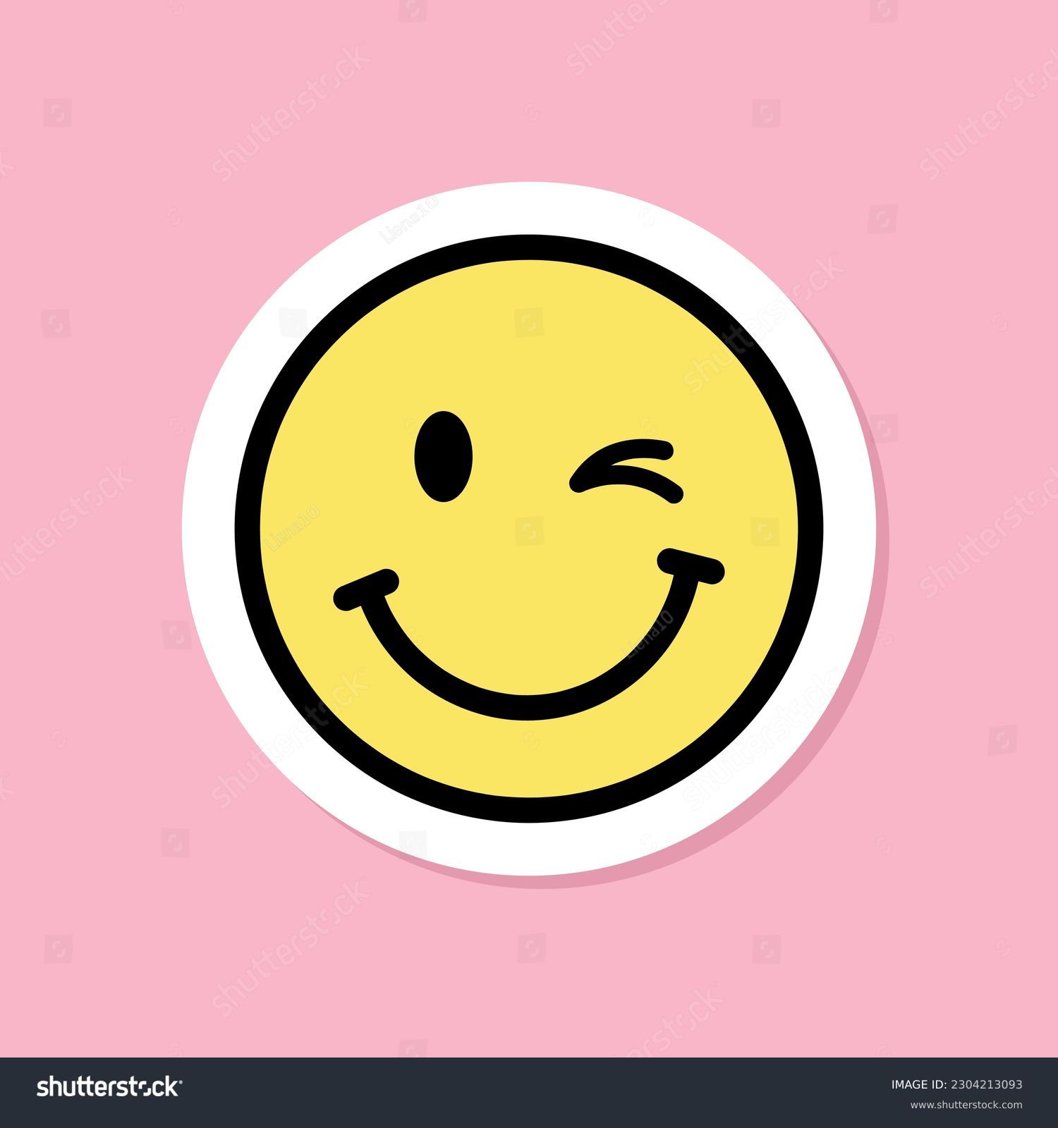 winking face emoji sticker, yellow face with winking eye, black outline, cute sticker on pink background, groovy aesthetic, vector design element #2304213093