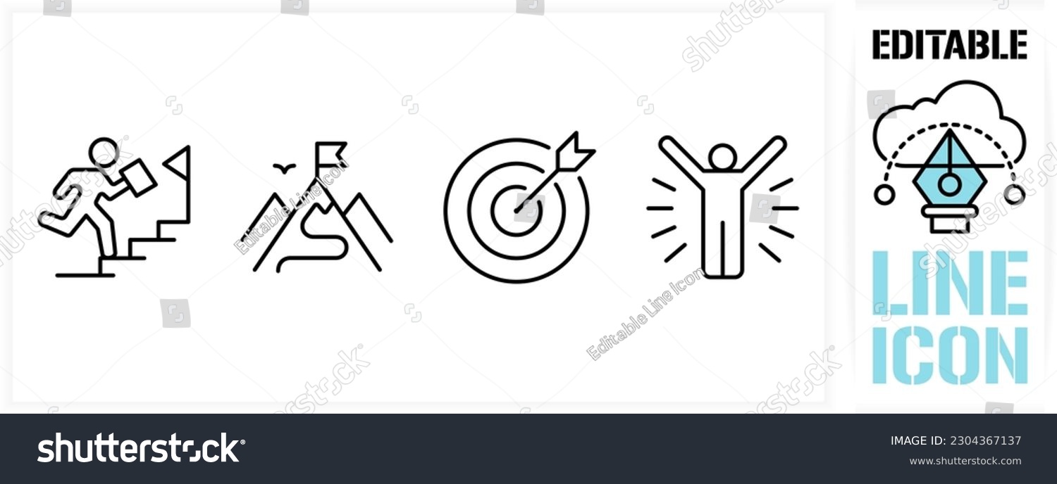 Editable line icon set in a black simple and clean vector outline stroke for business strategy and strategic focus for business and work goals for a corporate mission or target on a white background
 #2304367137