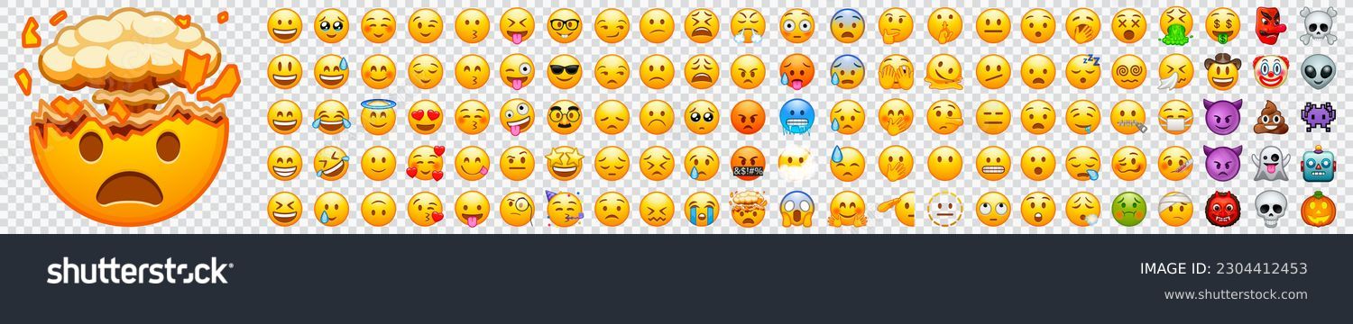 Big set of iOS emoji. Funny emoticons faces with facial expressions. Full editable vector icons. iOS emoji. Detailed emoji icon from the Telegram app. WhatsApp, Facebook, twitter, instagram. #2304412453