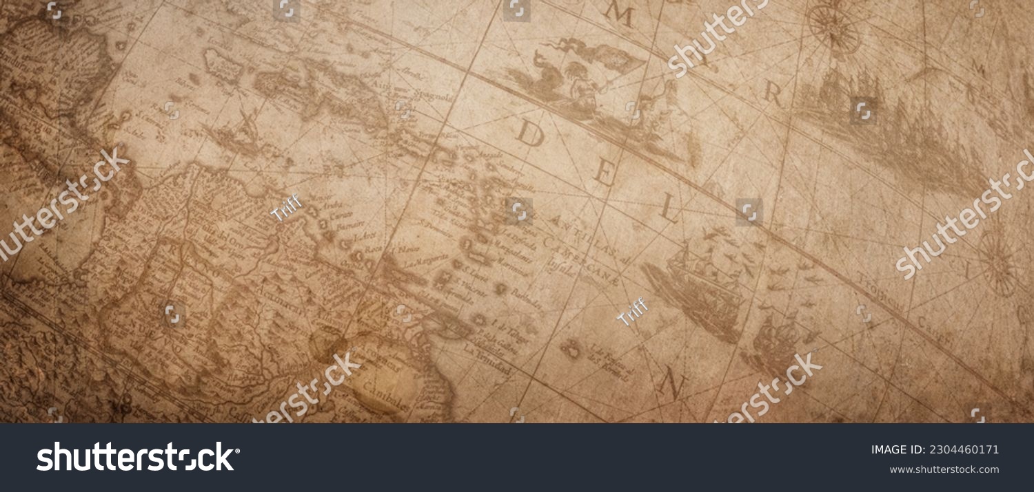 Fragment of an ancient globe. Old globe map background. A concept on the topic of sea voyages, discoveries, pirates, sailors, geography, travel and history.   #2304460171