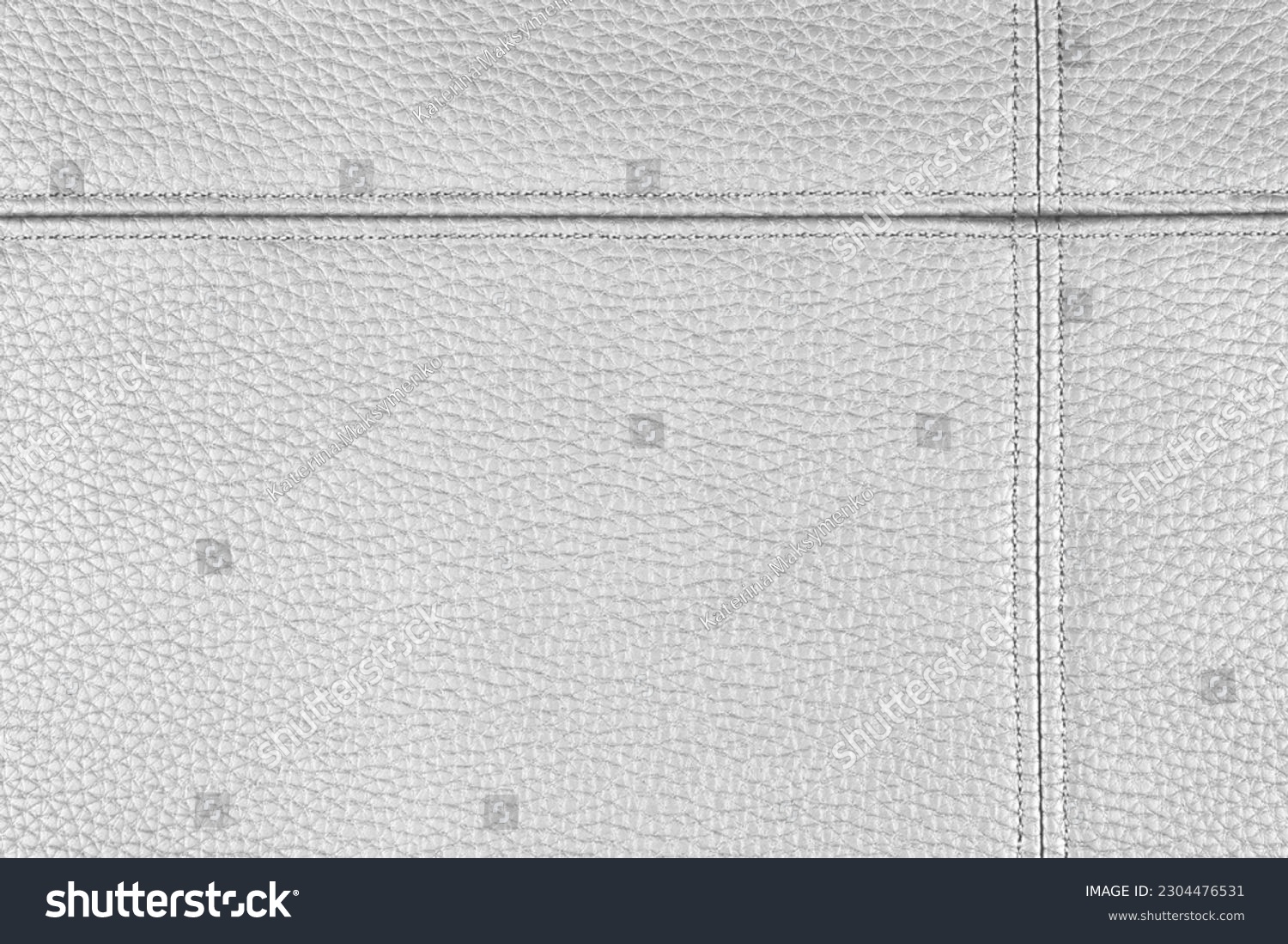 Natural, artificial silver gray leather texture background with decorative seam. Material for sport items, clothes, furnitre and interior design. ecological friendly leatherette. #2304476531
