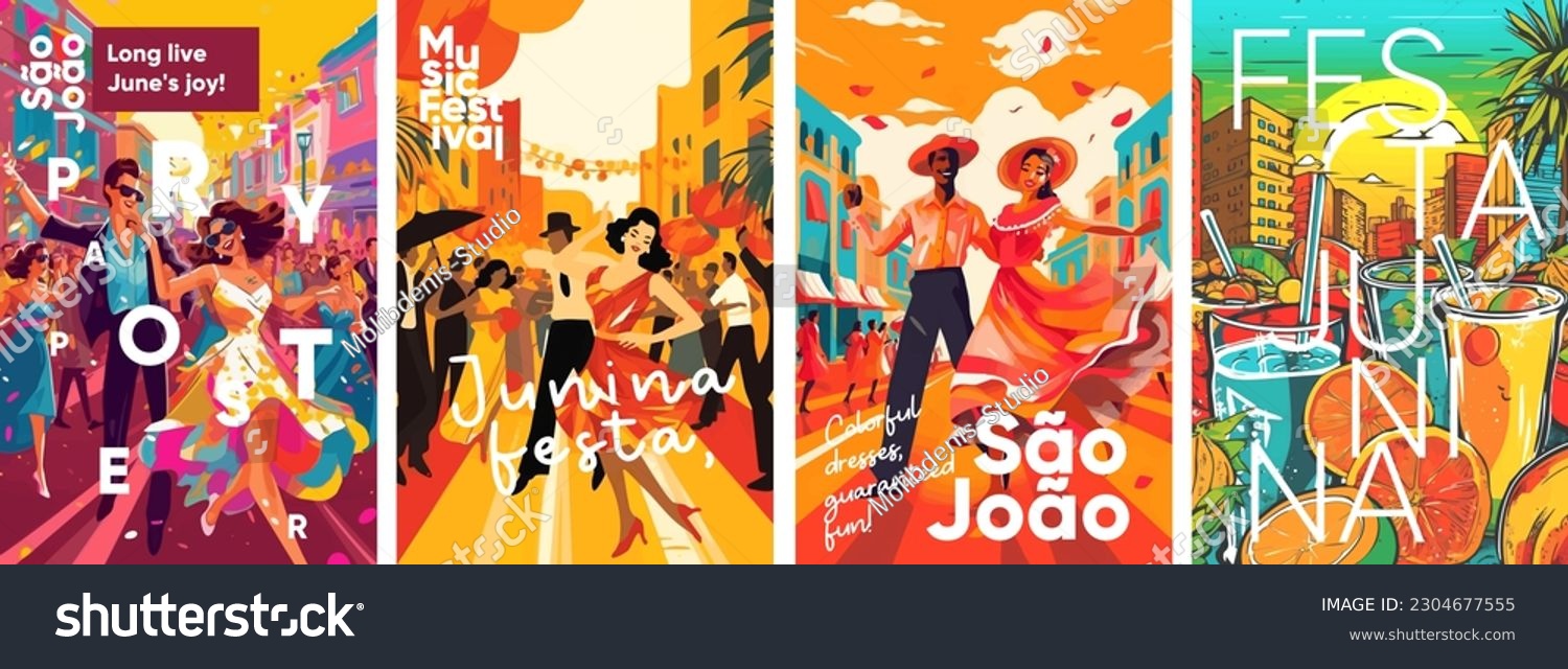 A traditional Brazilian festival Festa Junina. Set of vector illustrations. Music Festival. Festive banner, poster, cover. #2304677555