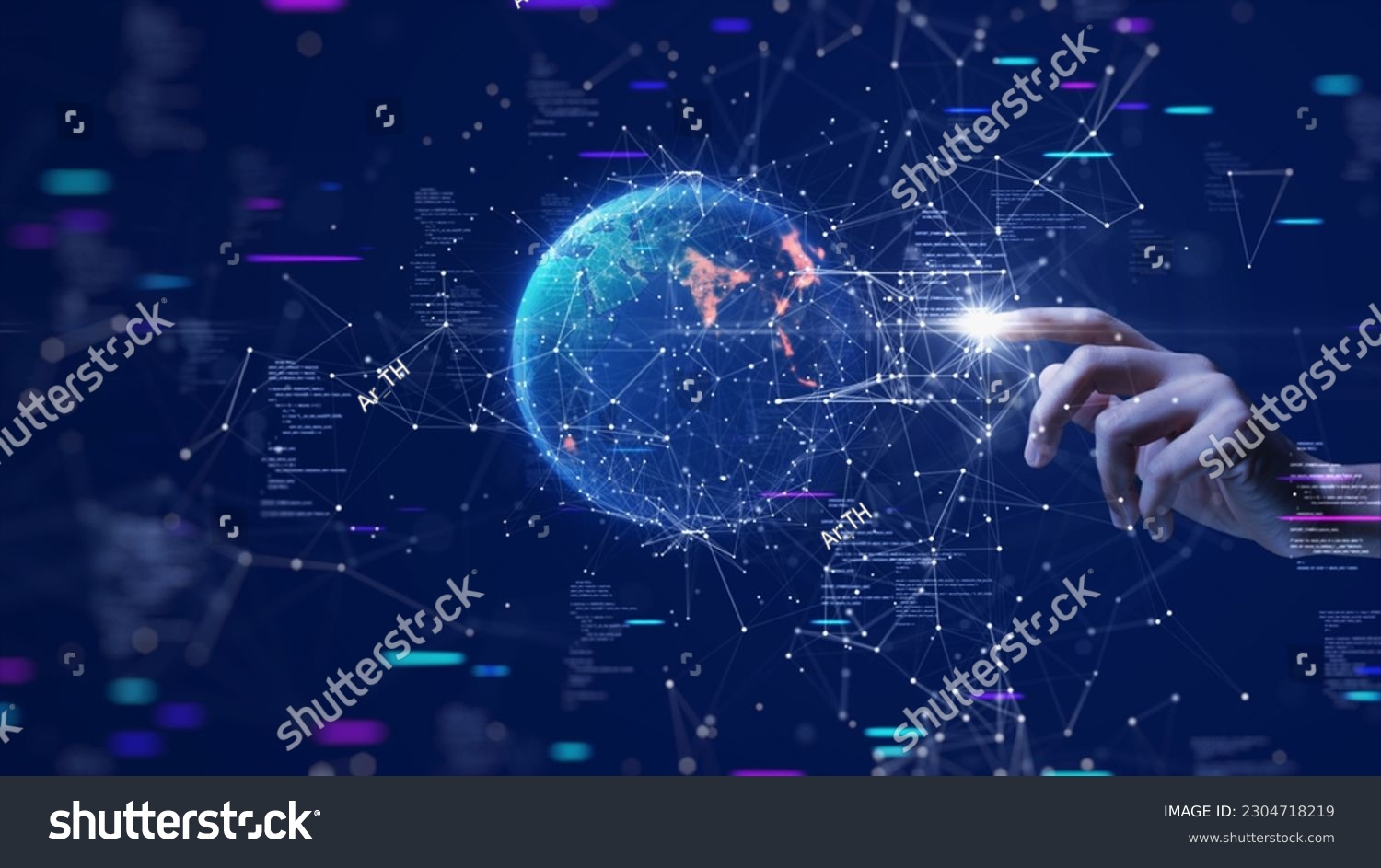 Digital cyber era technology concept. Human hand touching interconnected polygons of massive amounts of data glowing on a dark blue background. New innovations that are coming to change the world. #2304718219