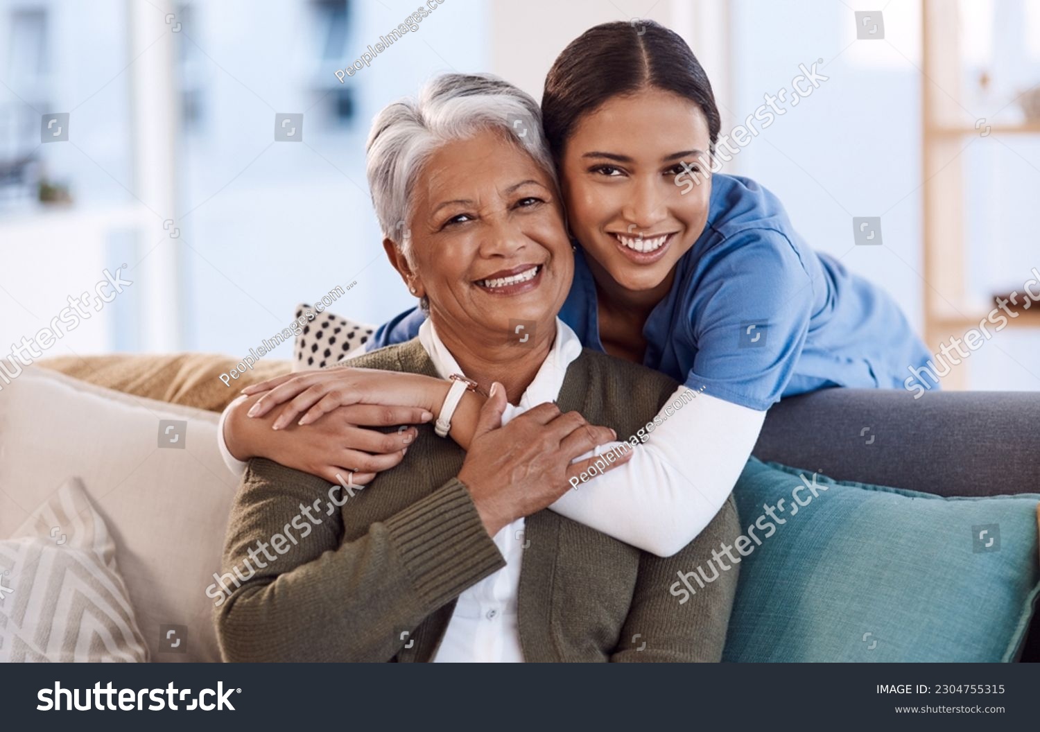 Portrait, smile and nurse hug old woman in retirement house, bonding and medical care. Face, hugging and elderly person with caregiver in nursing home on living room sofa for health, support or help. #2304755315