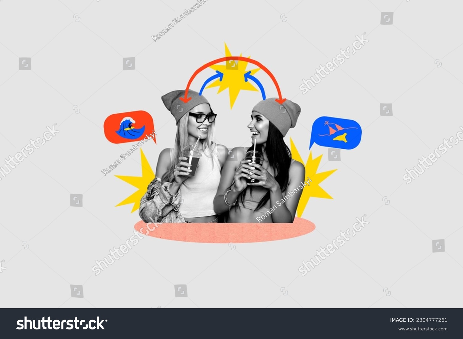 Collage of two young tourists women dream about their summer trip swimming in bikini ocean drink mojito alcohol isolated on grey background #2304777261