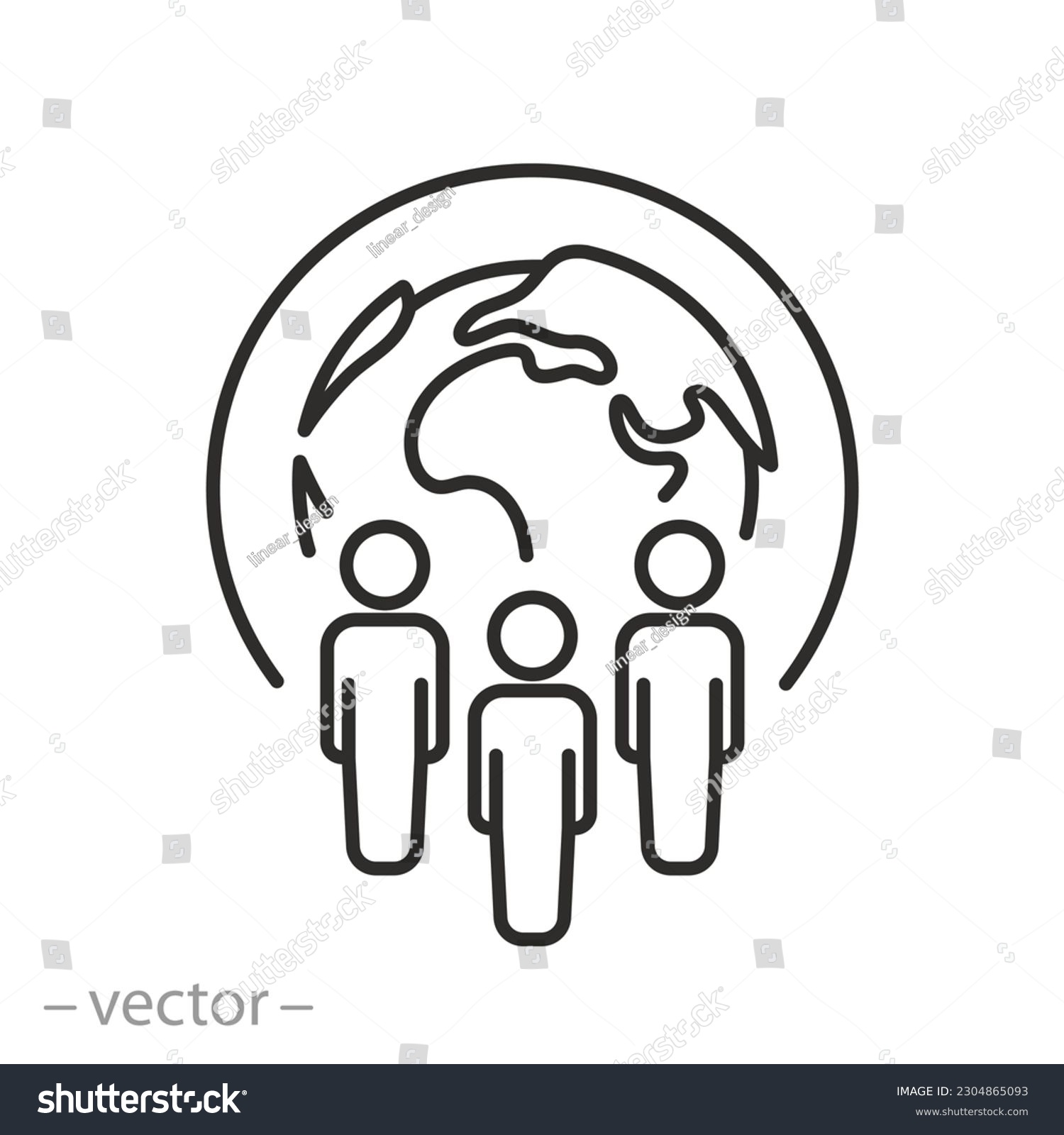 people group with globe icon, community of different nationalities, world coalition, thin line symbol on white background - editable stroke vector illustration eps10 #2304865093