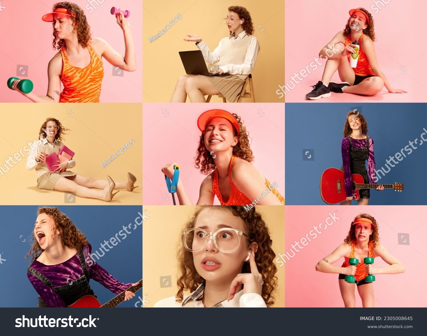 Collage made of portraits of beautiful emotional girl posing in different clothes and life situations over multicolor background. Concept of human emotions, youth culture, creative lifestyle #2305008645
