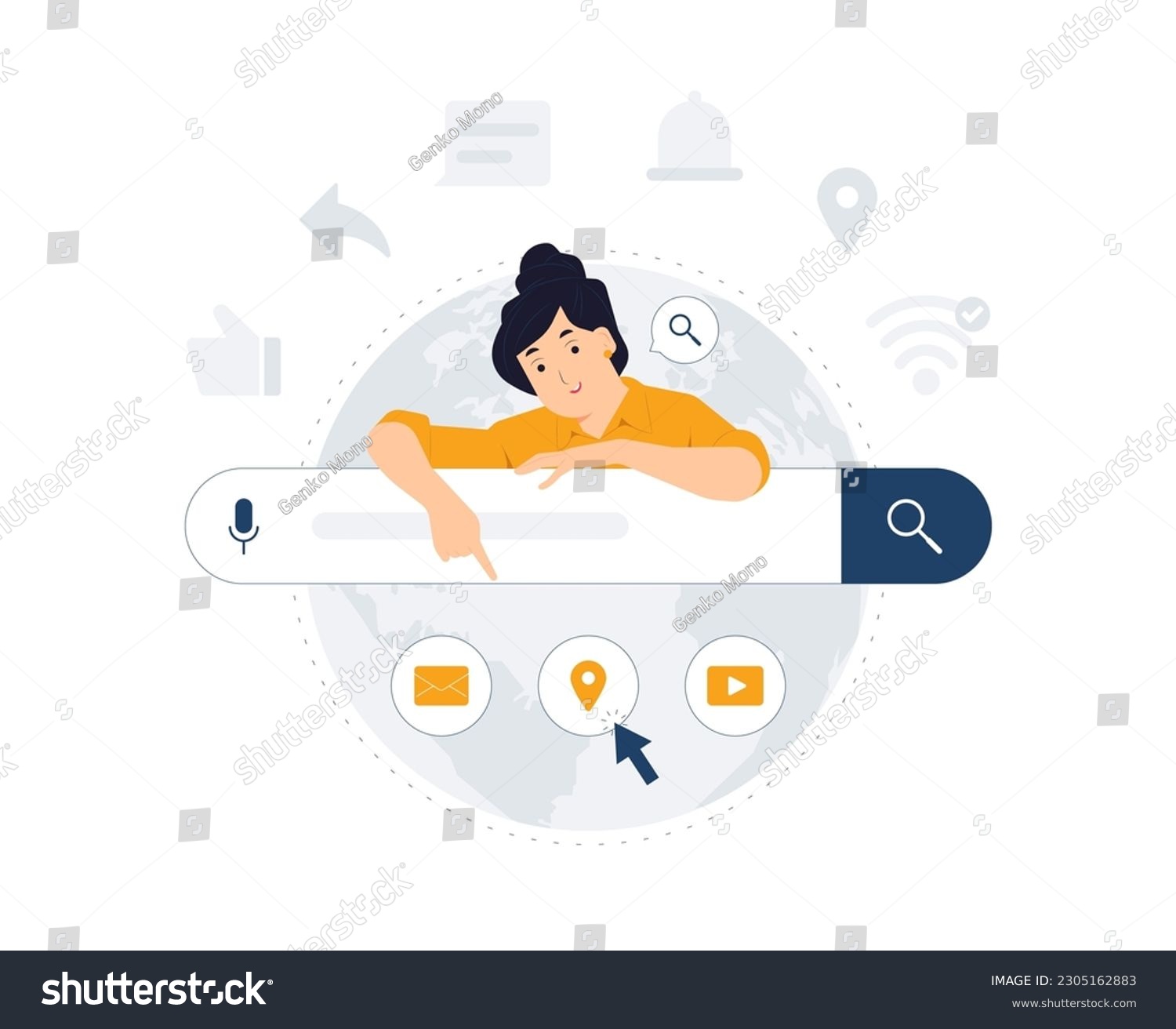 Search engine, browsing, online, search bars, seo analytic. Woman pointing at web browser online search engine bars seo optimization concept illustration #2305162883