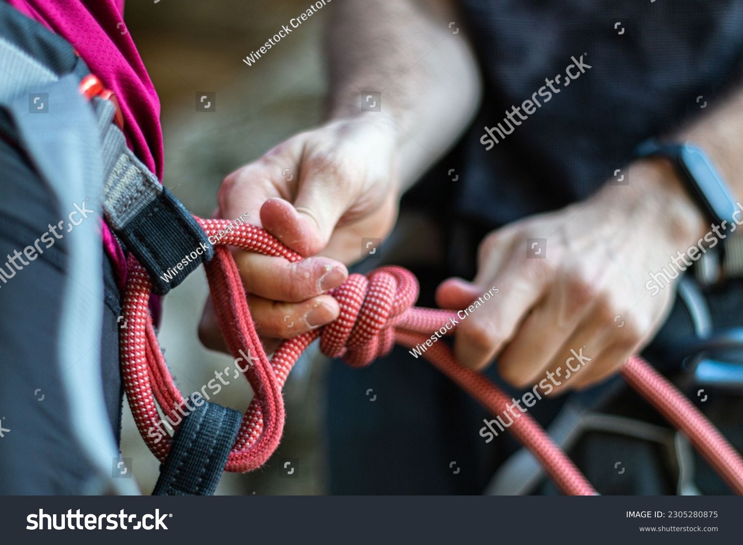 An alpinist tying a rope on his climbing equipment #2305280875