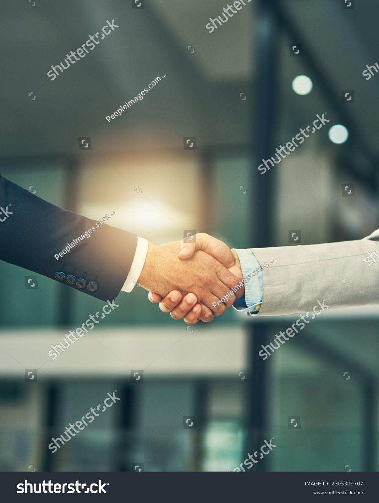 Partnership, handshake and hands of business people in office for hiring, recruitment deal and thank you. Corporate, collaboration and male workers shaking hands for onboarding, support and teamwork #2305309707
