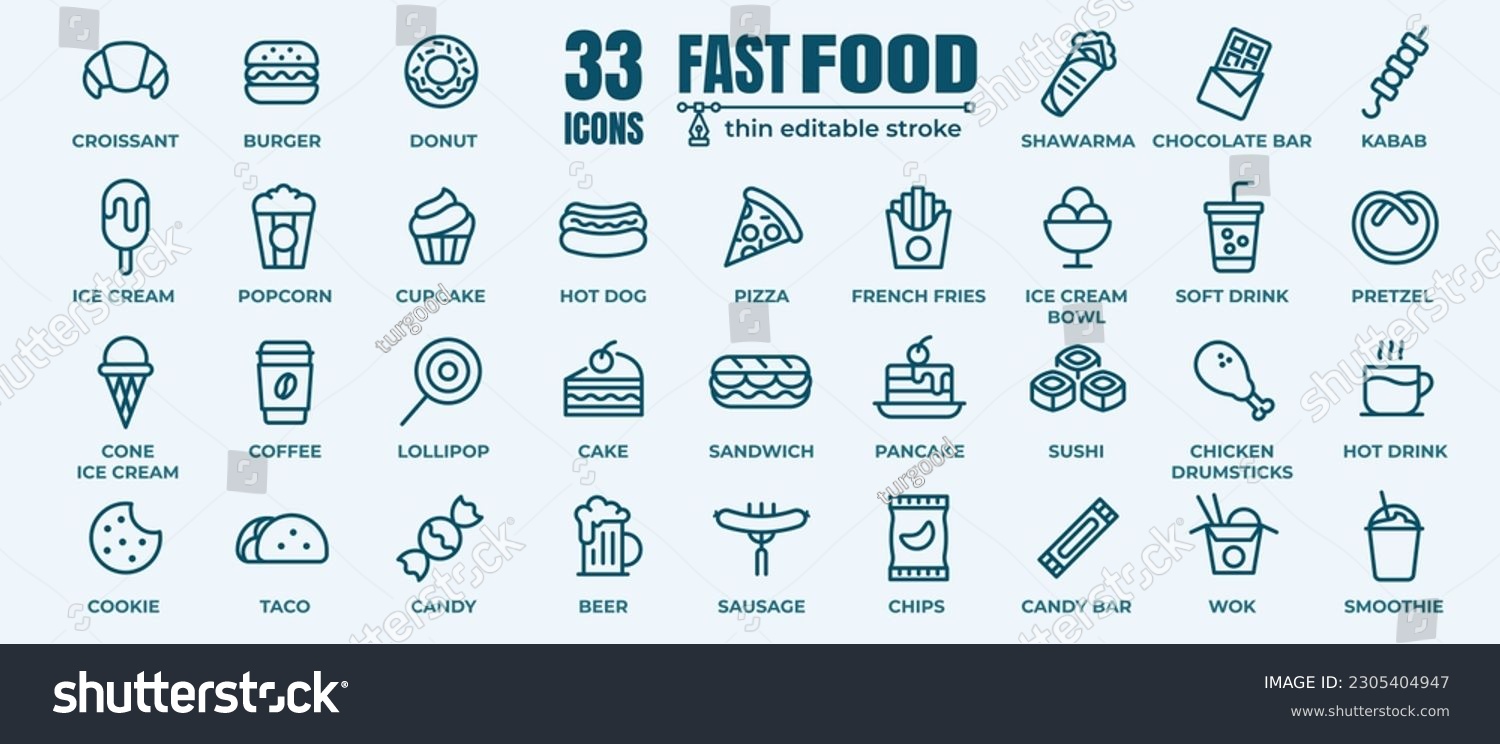Fast food vector line icons set. Burger, donut, french fries, hot dog, kabab, pizza, ice cream, pizza vector illustrations. Thin signs for restaurant menu. Pixel perfect 64x64. Editable Strokes  #2305404947