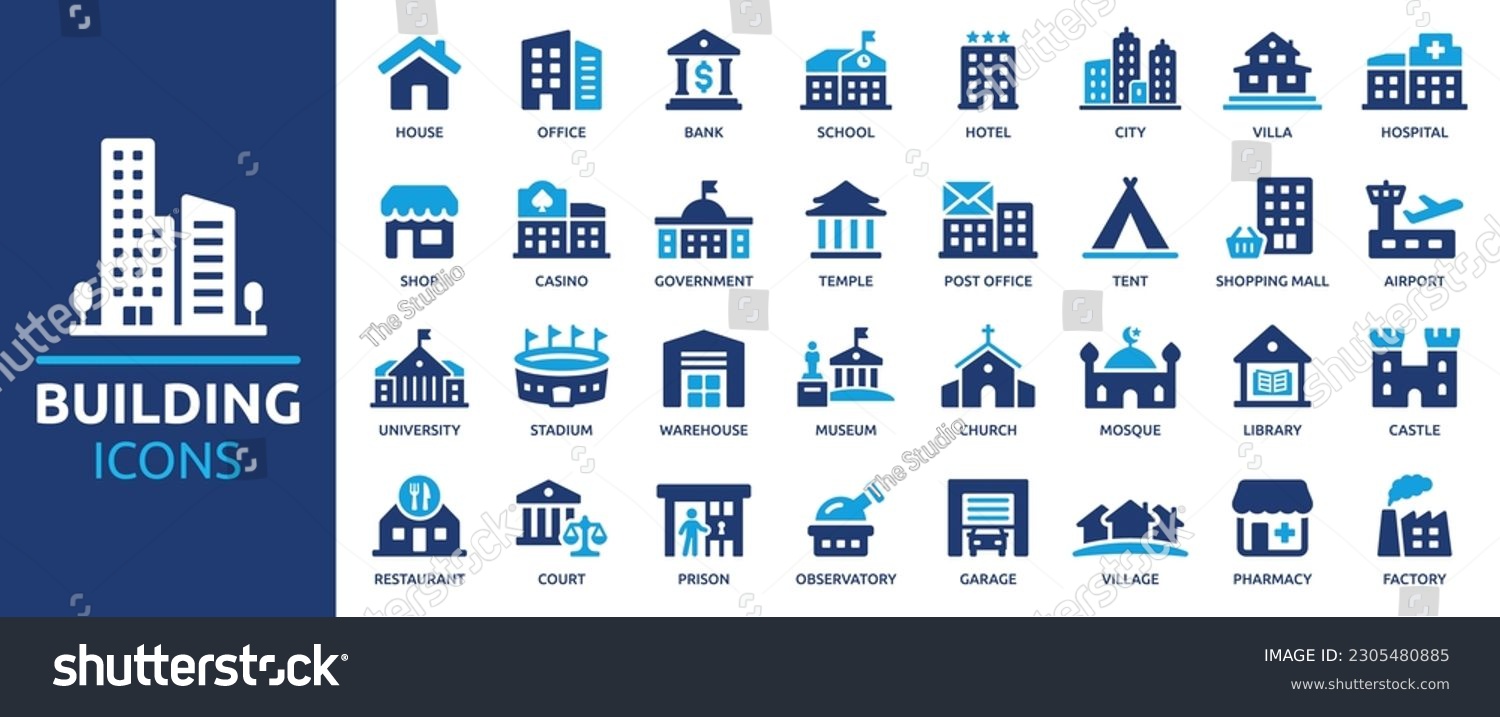Building icon set. Containing house, office, bank, school, hotel, shop, university and hospital icons. Solid icon collection. Vector illustration. #2305480885