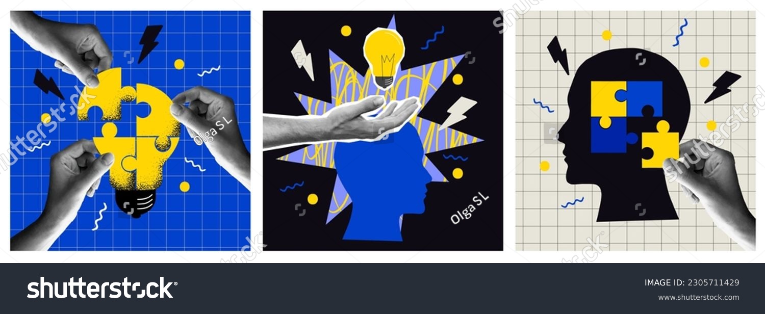 Creative mind, brainstorm. Abstract human head silhouette and hand holding bulb lamp surrounded geometric shapes. Team connecting puzzle symbolized creative idea on blueprint. Vector illustration	 #2305711429