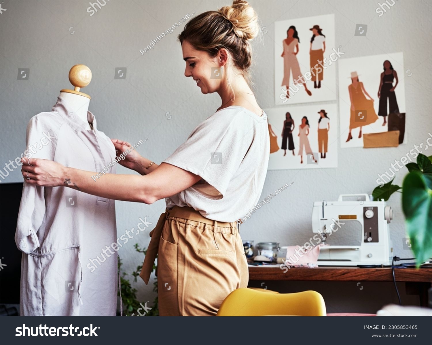 Fashion, happy woman and designer with mannequin, creative small business and smile. Happiness, creativity and tailor in boutique with dress design on doll at textile manufacturing start up studio. #2305853465