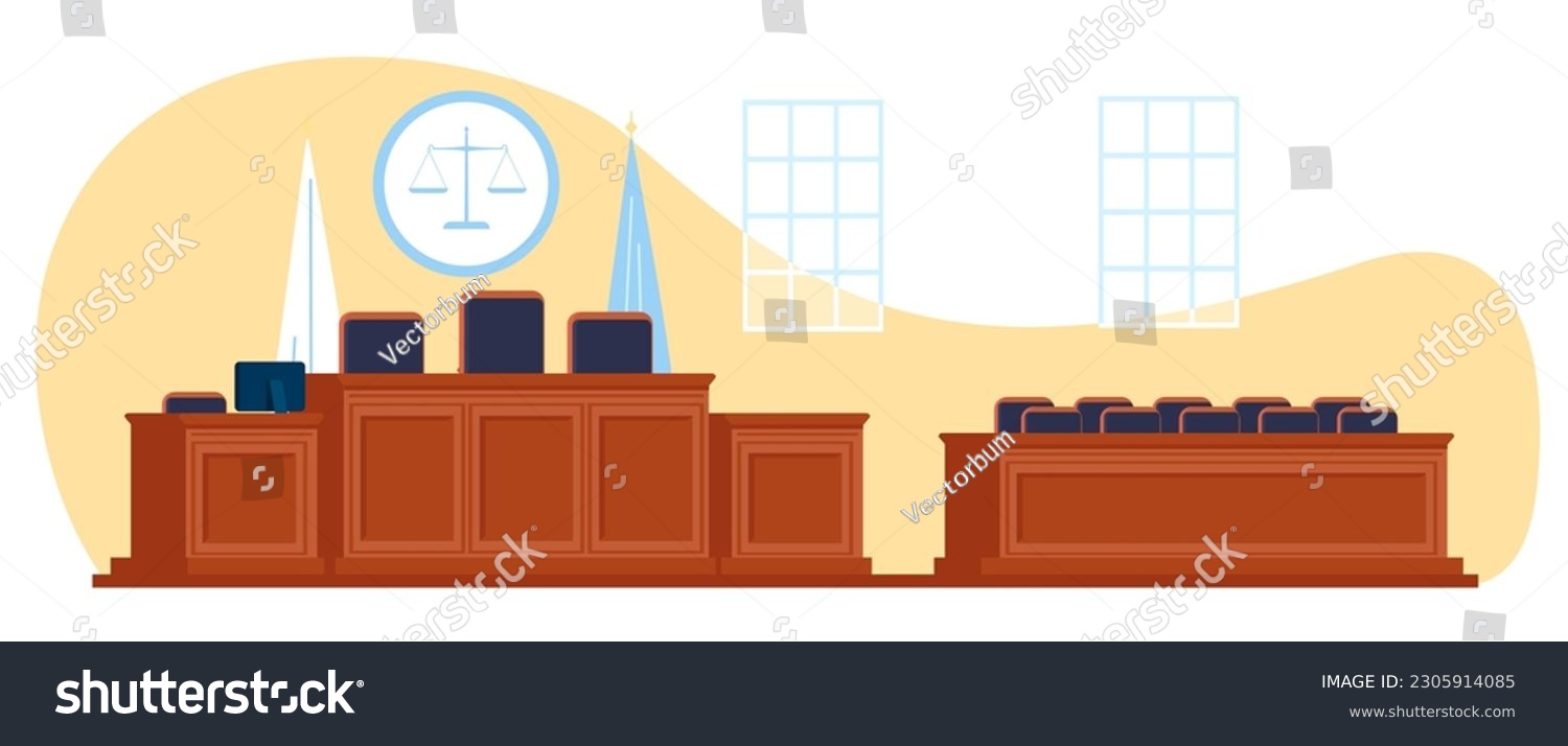 Courtroom with space for judge and jurors. Attorney workplace. Clerk and witnesses tables. Courthouse room empty interior. Wooden tribunes and armchairs. Court furniture #2305914085