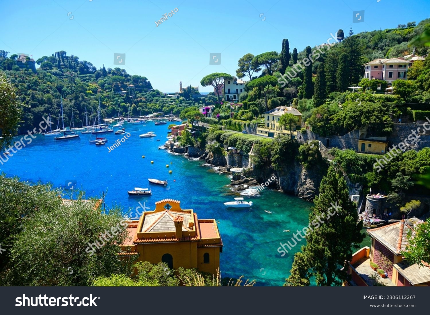 Portofino, Italy. Scenic cove with boats in the Mediterranean Sea. #2306112267