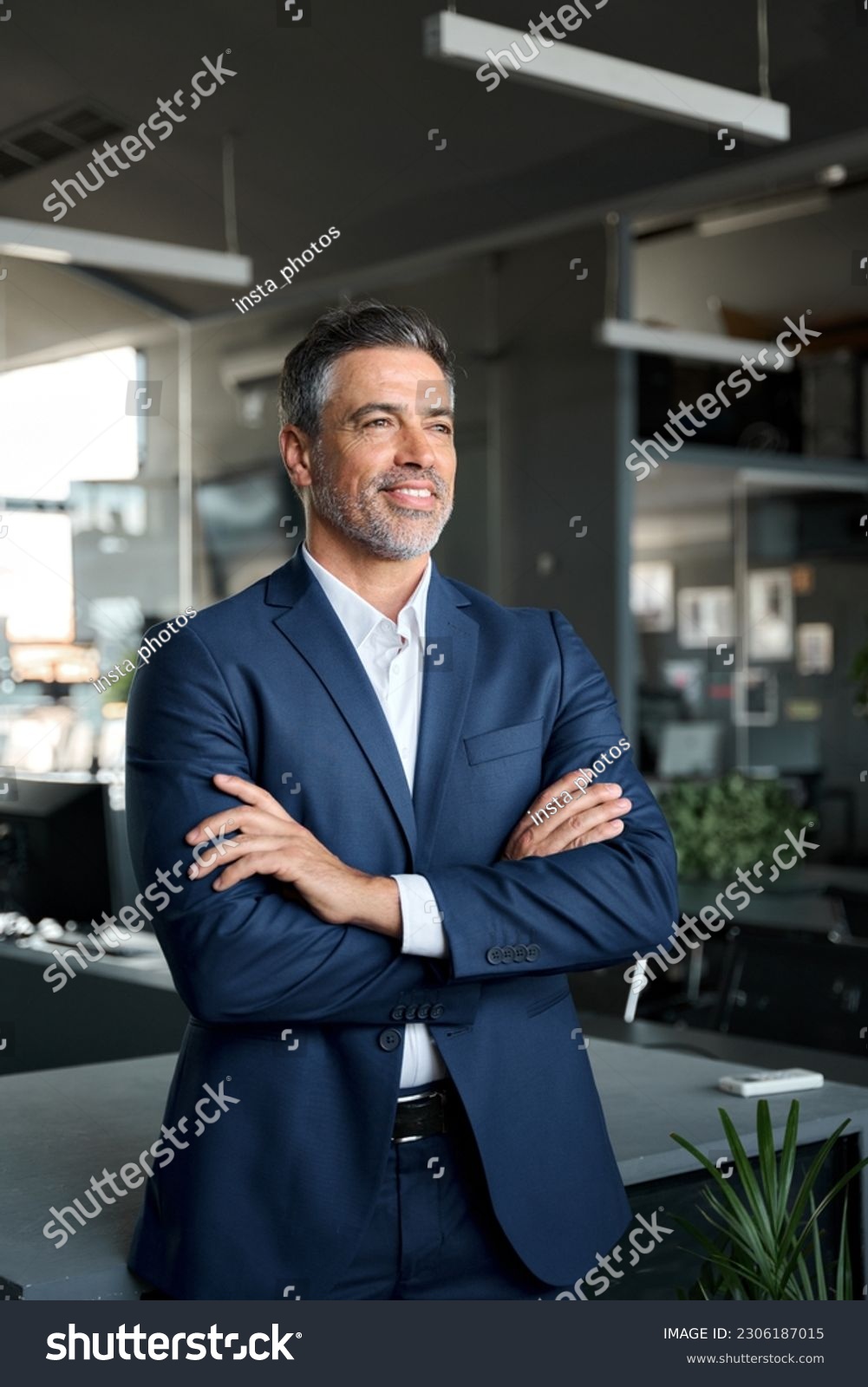 Happy proud prosperous mid aged mature professional business man ceo executive wearing suit standing in office arms crossed looking away thinking of success, leadership and growth, vertical. #2306187015