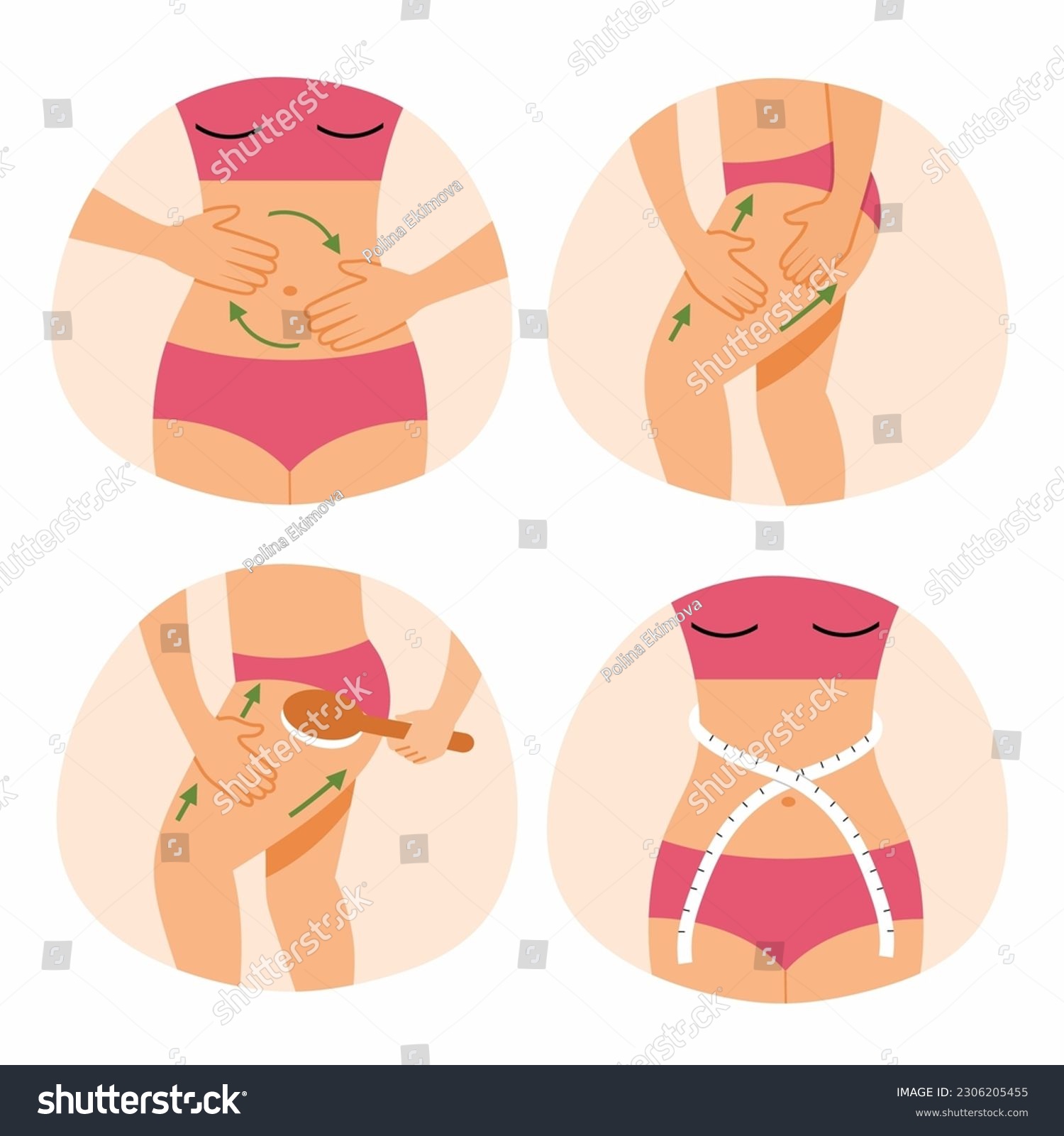 Beautiful young woman does hand massage of abdomen and thighs. Prevention cellulite. Skin care. Young and slender body. Set beauty illustrations. #2306205455