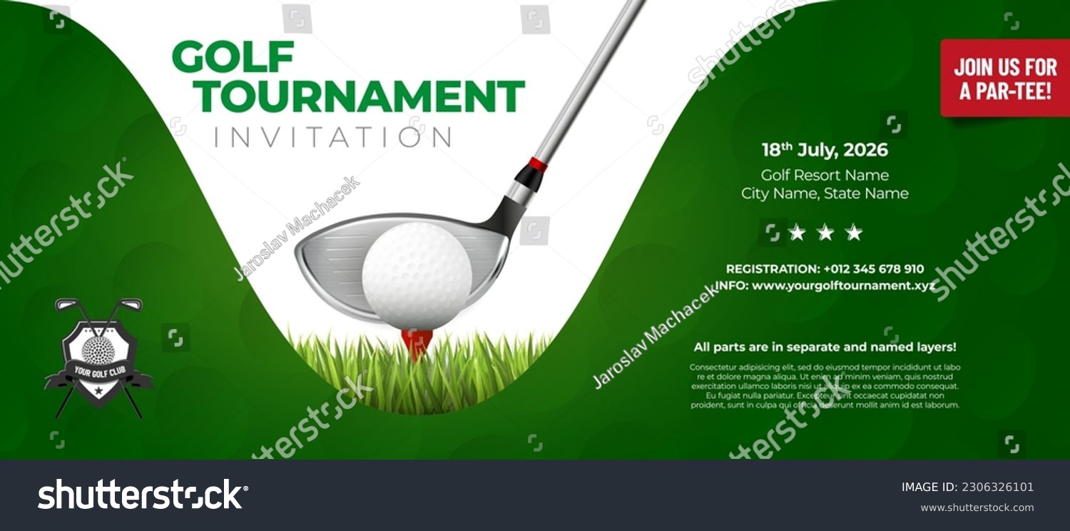 Invitation template for golf tournament. Golf ball, golf stick, green background and copy space for your text. Vector illustration. #2306326101