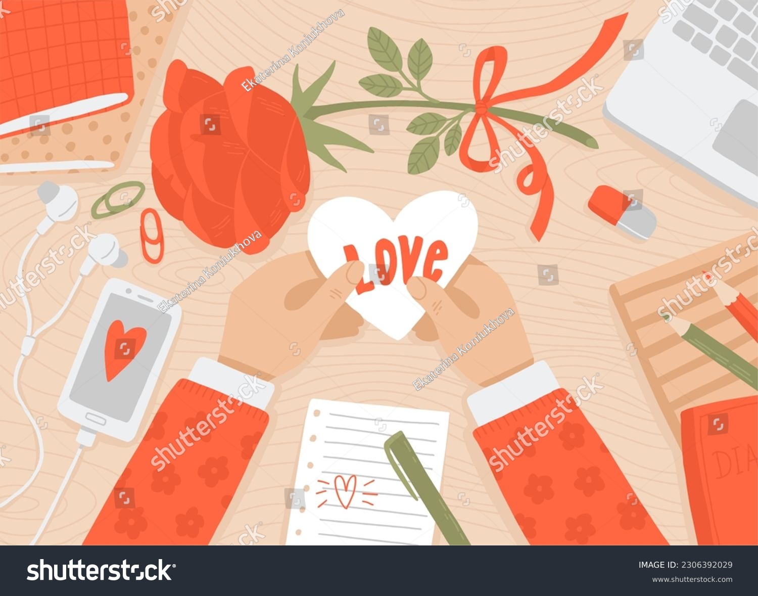 St. Valentine's Day greeting card. Vector illustration of school desk with hands holding valentine, rose, notebooks and laptop. Flat lay. Girl with greeting card.  #2306392029