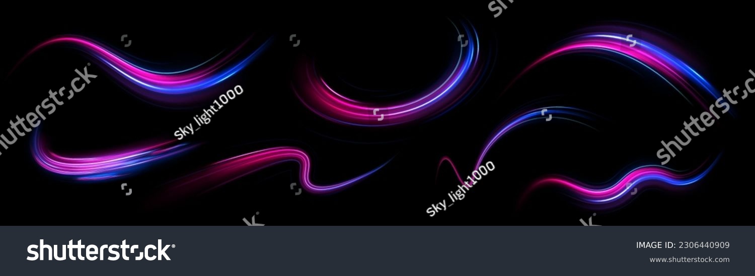 Dynamic translucent soft gradient stream motion. Violet neon color wave. Blue glowing shiny lines effect vector background. Light trail wave, fire path trace line and incandescence curve twirl. #2306440909