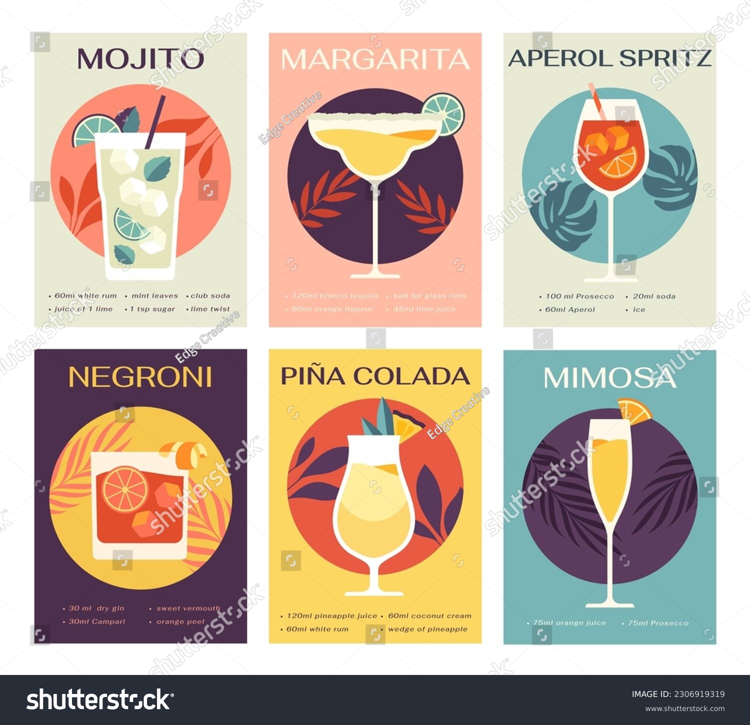 Cocktails posters set. Mojito, margarita, pina colada, mimosa, negroni and aperol spritz. Collection of summer refreshing drinks with ice. Cartoon flat vector illustrations isolated on background #2306919319