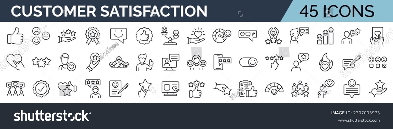 Set of 45 line icons related to customer experience, client satisfaction, review, feedback. Outline icon collection. Editable stroke. Vector illustration #2307003973