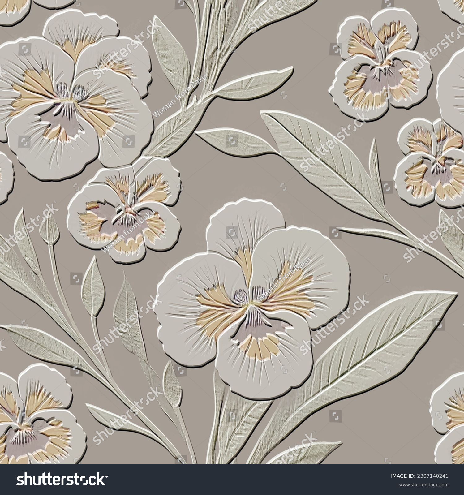 3d embossed pansy flowers seamless pattern. Textured beautiful relief floral background. Repeat emboss backdrop. Surface flowers, leaves. 3d line art blossom flowers ornament with embossing effect. #2307140241