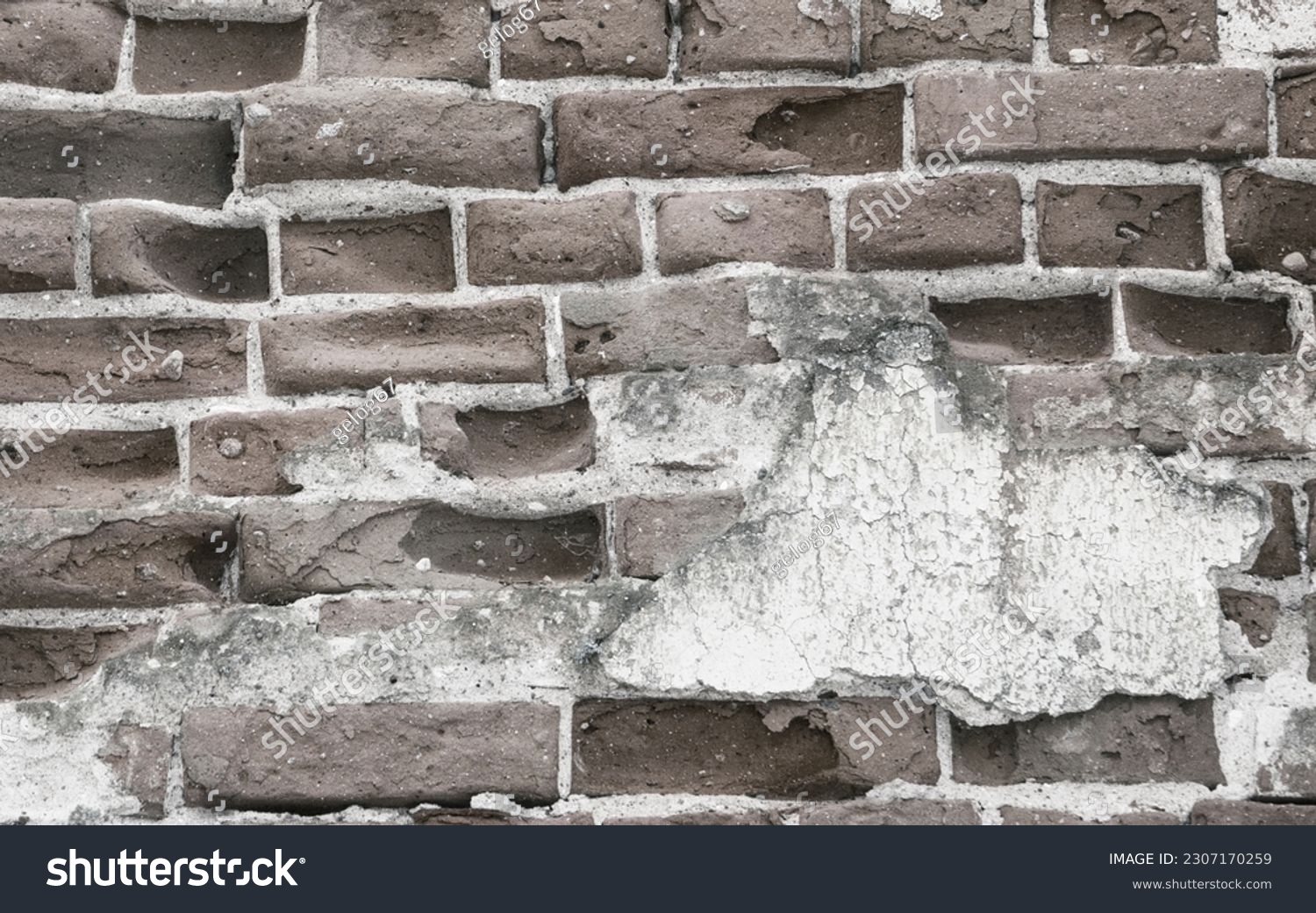 The surface is made of old deformed and brick with stripped plaster. The wall is made of old ancient red brick. #2307170259