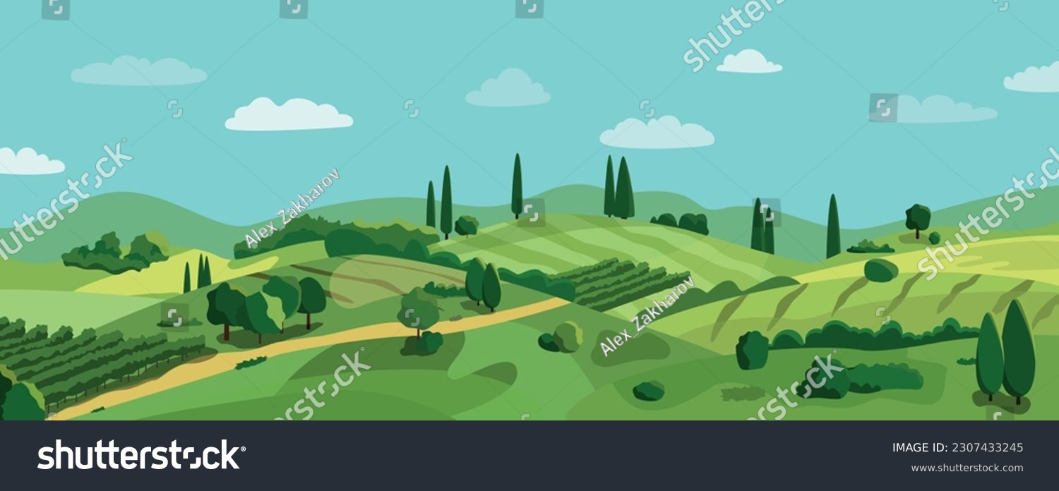 Summer rural landscape with green hills, vineyards, and fields. Vector illustration. Flat design banner. European summer #2307433245