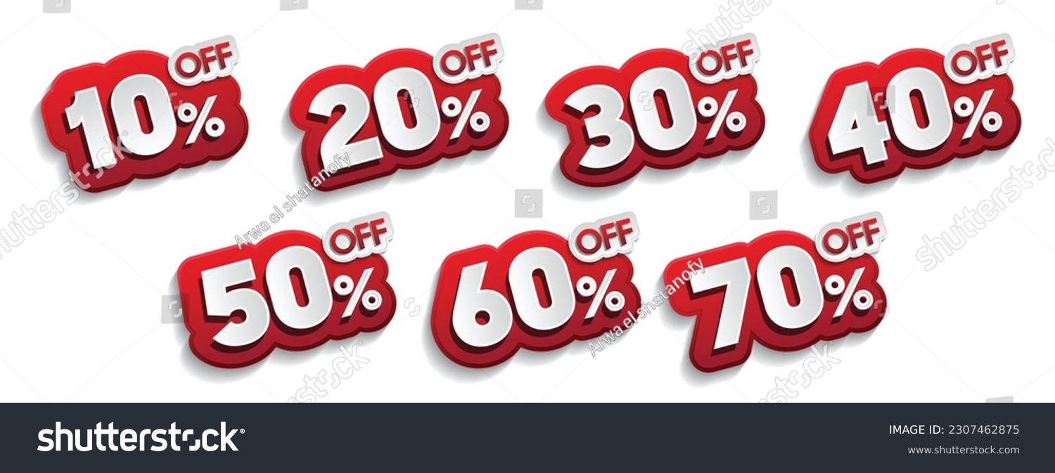 Discounts numbers of percent sign in red and white colors isolated on white background, from 10% to 70% discounts. #2307462875