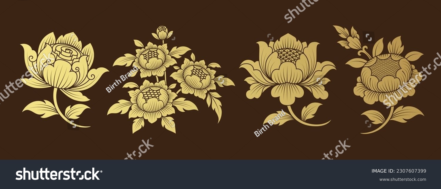Set flowers asian style buddhism temple element and background pattern decoration motifs for ceiling pattern, flyers, poster, web, banner, and card concept vector illustration #2307607399