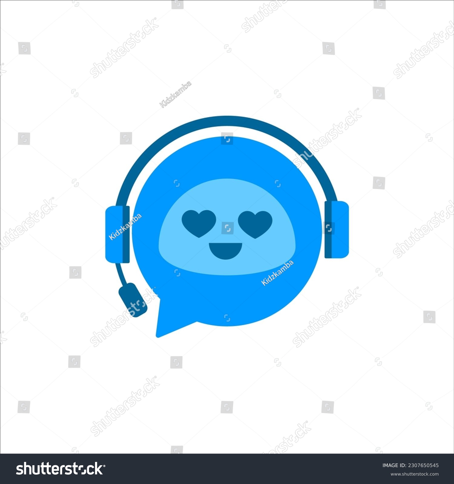 Chat Bot logo with hearts, chat bot love mood. Virtual assistant Bot icon logo. Robot head with headphones. Customer support service Chat Bot. Vector #2307650545