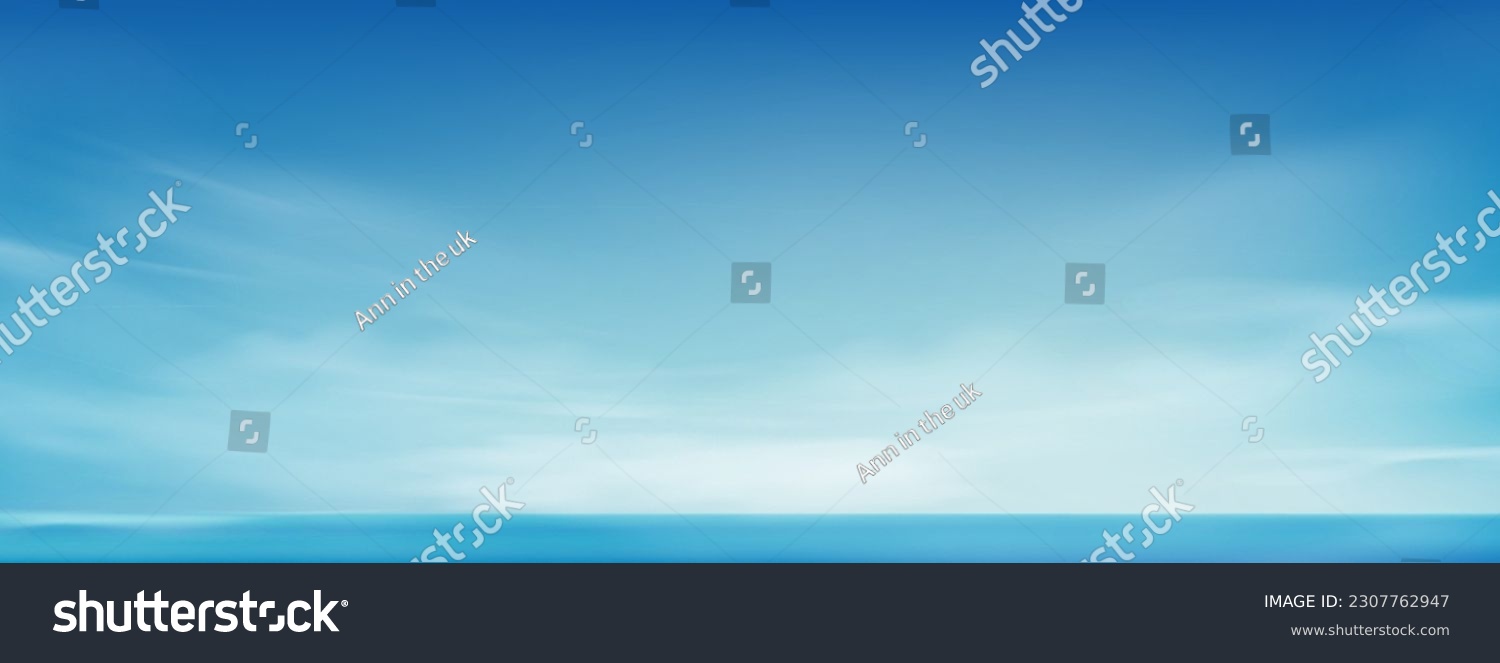 Sky Blue,Cloud Background,Horizon Spring Clear Sky in Morning by the beach,Vector beautiful landscape nature sunrise in Summer,Backdrop panoramic banner white clouds over blue ocean,Sunset landscape #2307762947