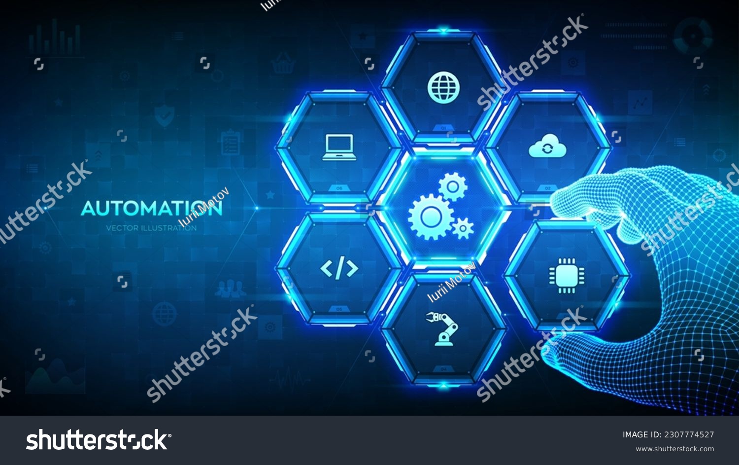 Automation Software. IOT and Automation concept as an innovation, improving productivity in technology. Wireframe hand places an element into a composition visualizing Automation processes. Vector. #2307774527