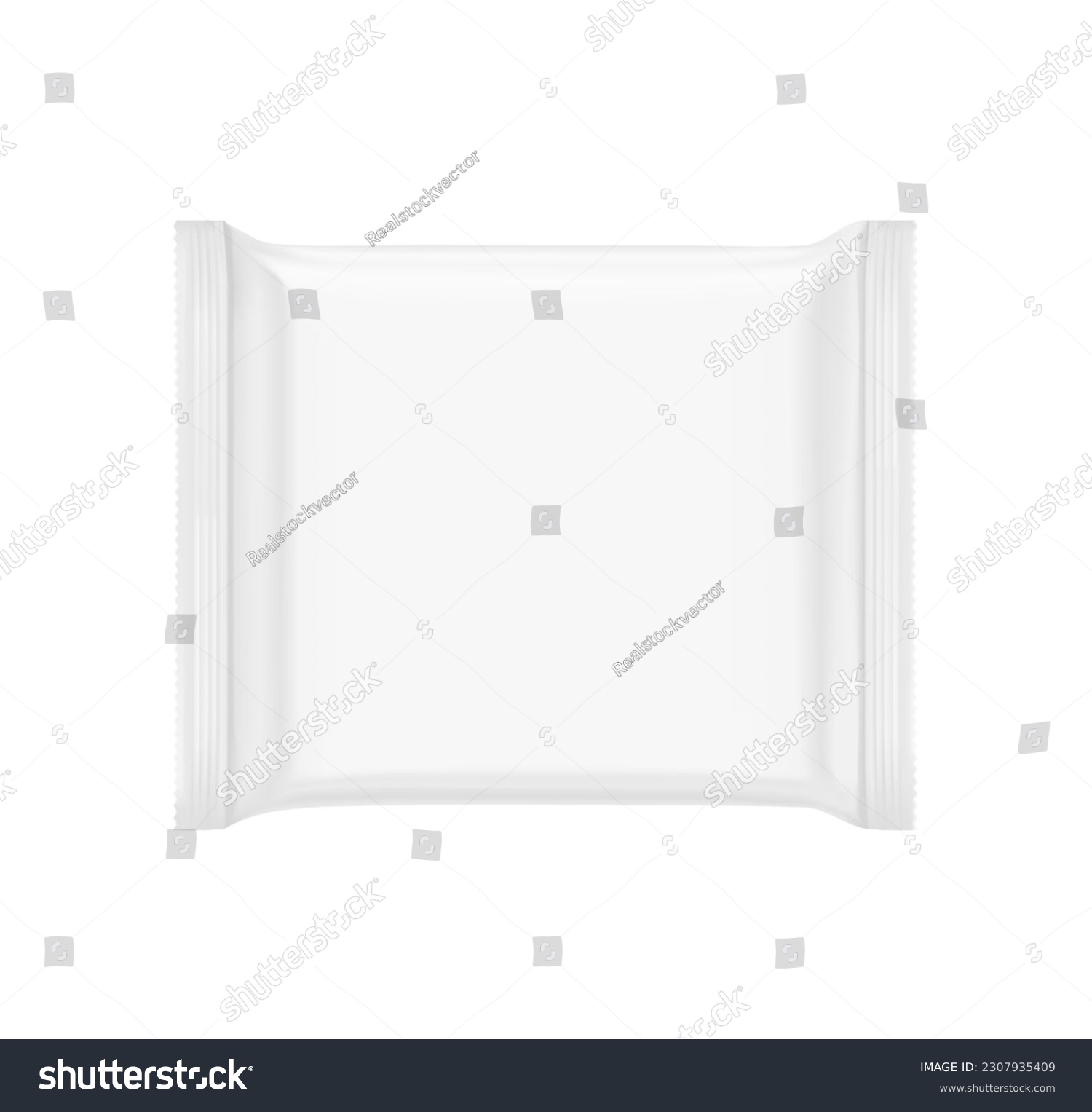 Hight realistic square flow packaging mockup. Vector illustration isolated on white background. Can be use for your design, promo, adv and etc. Possibility for food, candy, cosmetic. EPS10.	 #2307935409