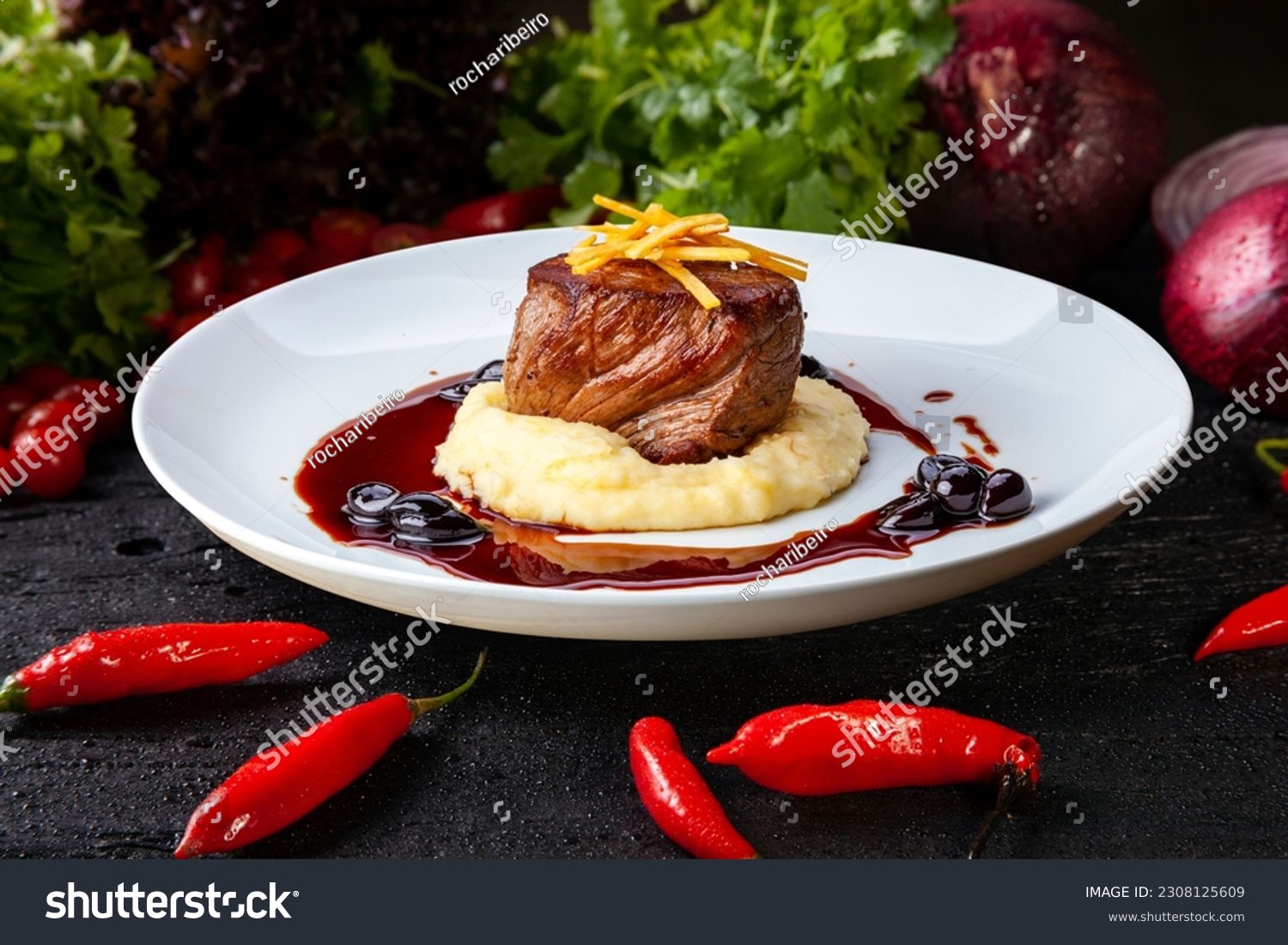 roasted and grilled steak with mashed potatoes, filet mignon #2308125609